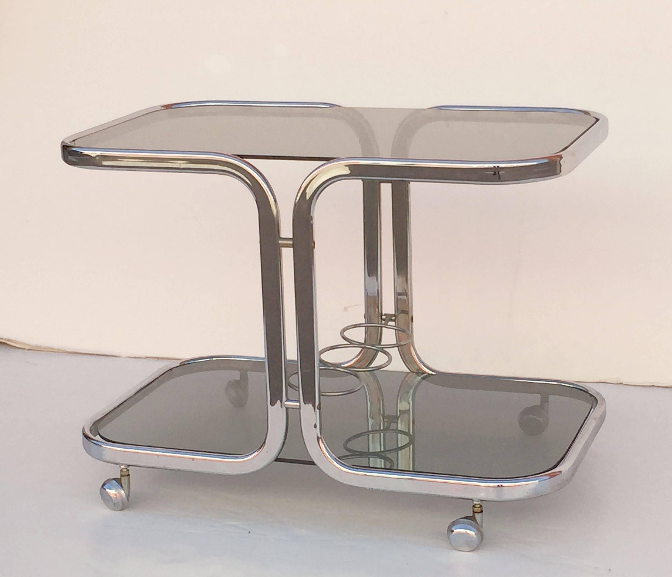 20th Century French Chrome Drinks Cart with Smoked Glass