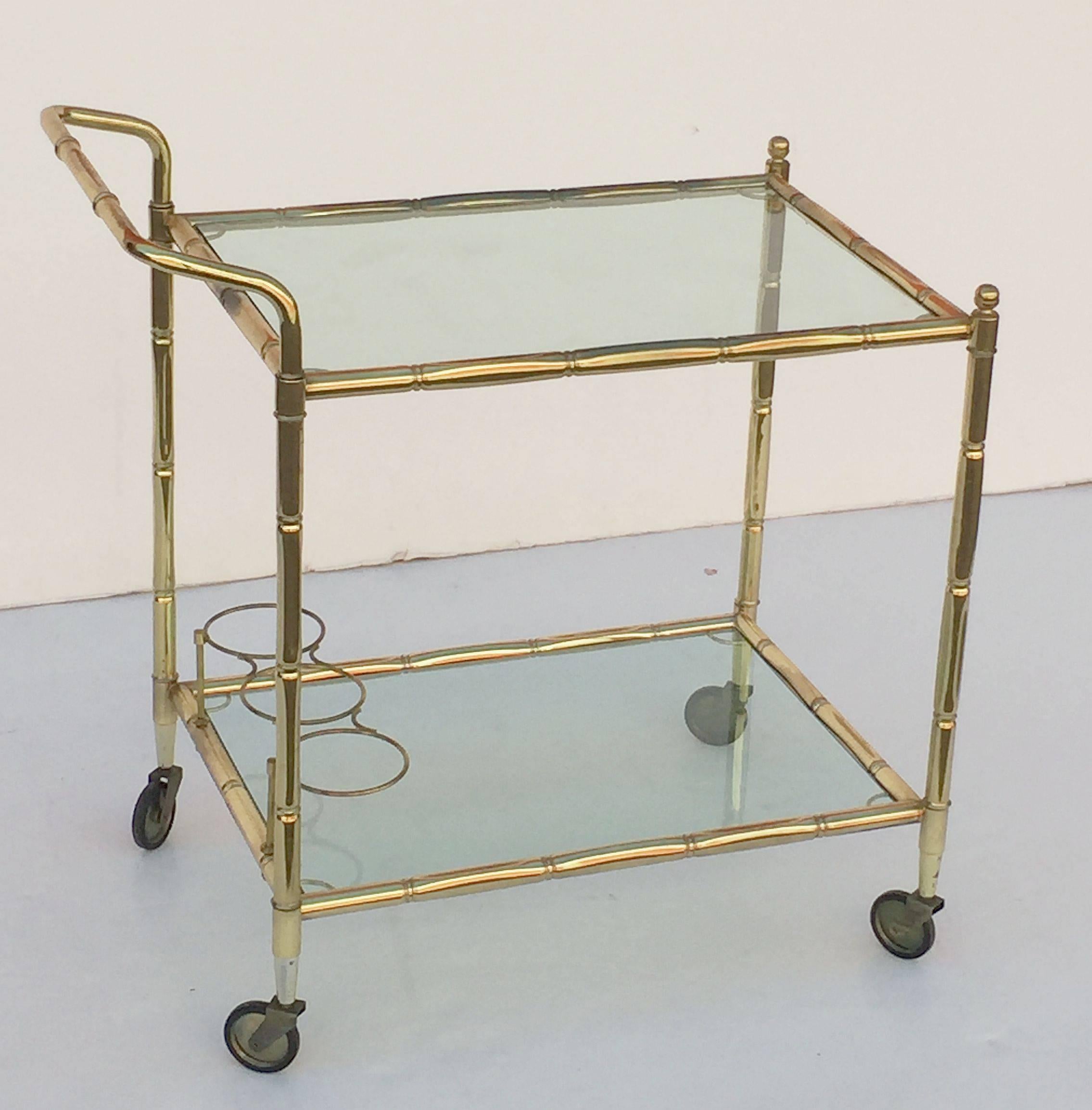 20th Century French Drinks Cart of Brass with Tinted Glass