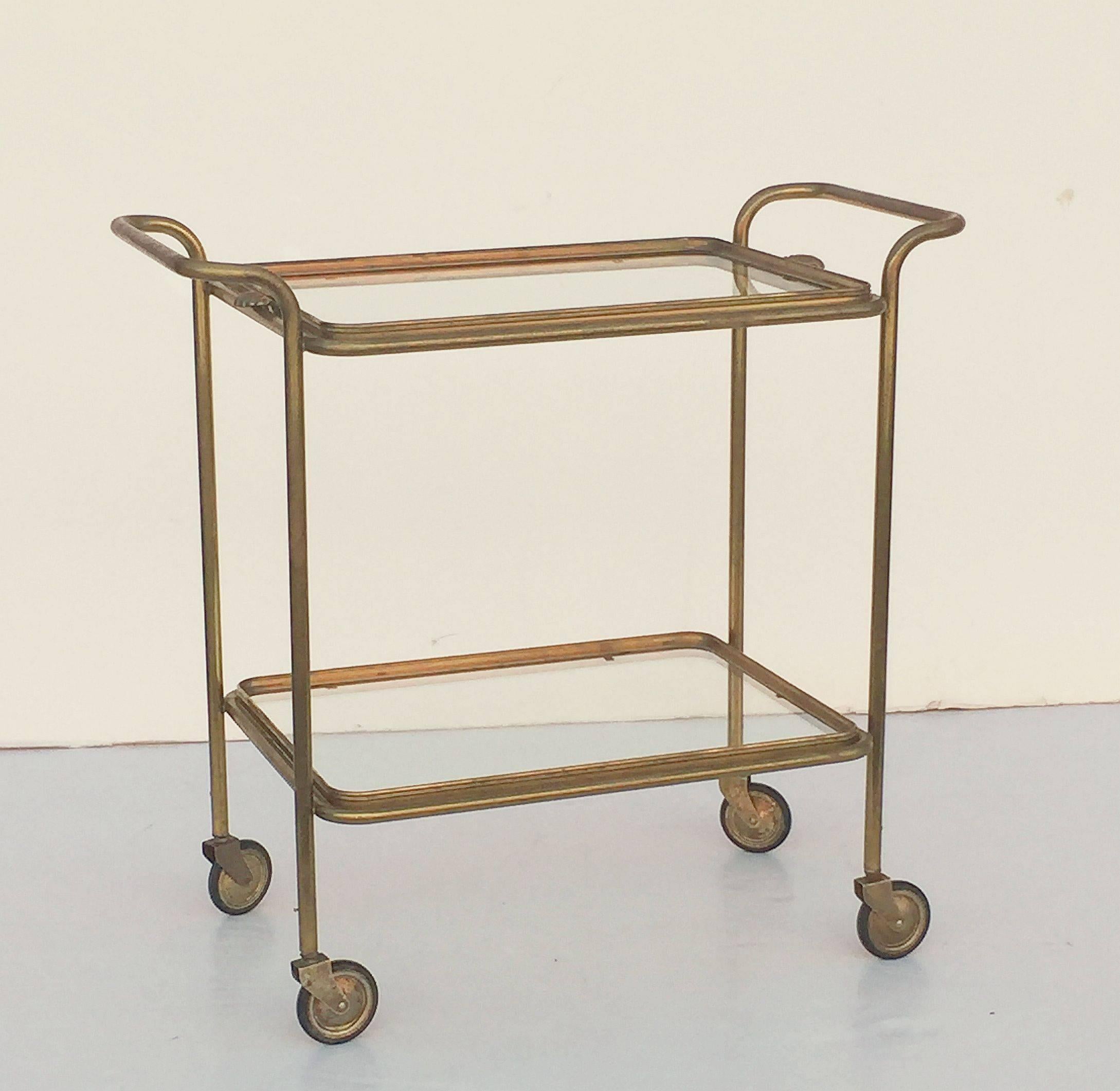 20th Century French Drinks Cart of Brass with Removable Top Serving Tray