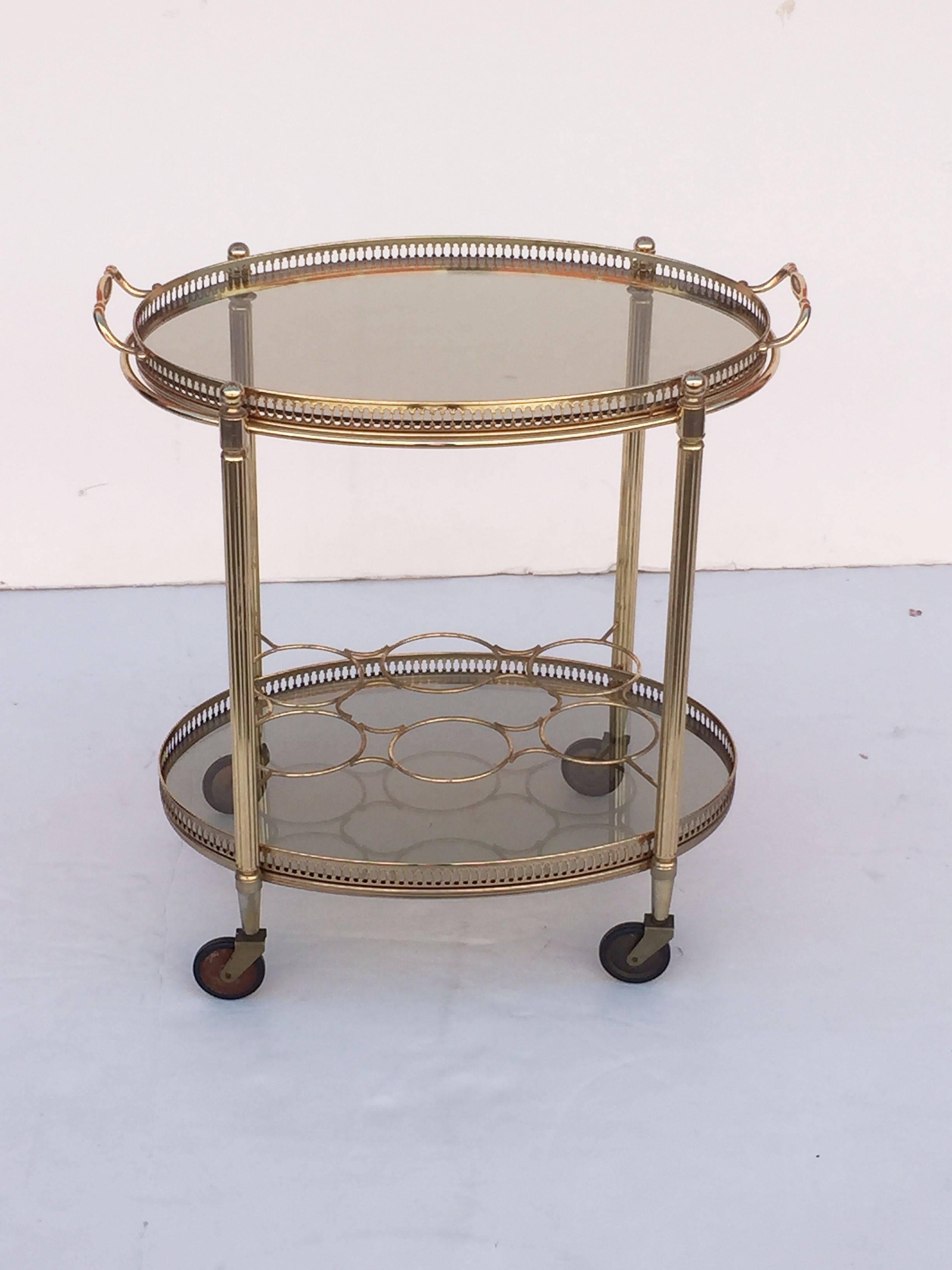 20th Century French Oval Drinks Cart of Brass and Smoked Glass with Serving Tray Top