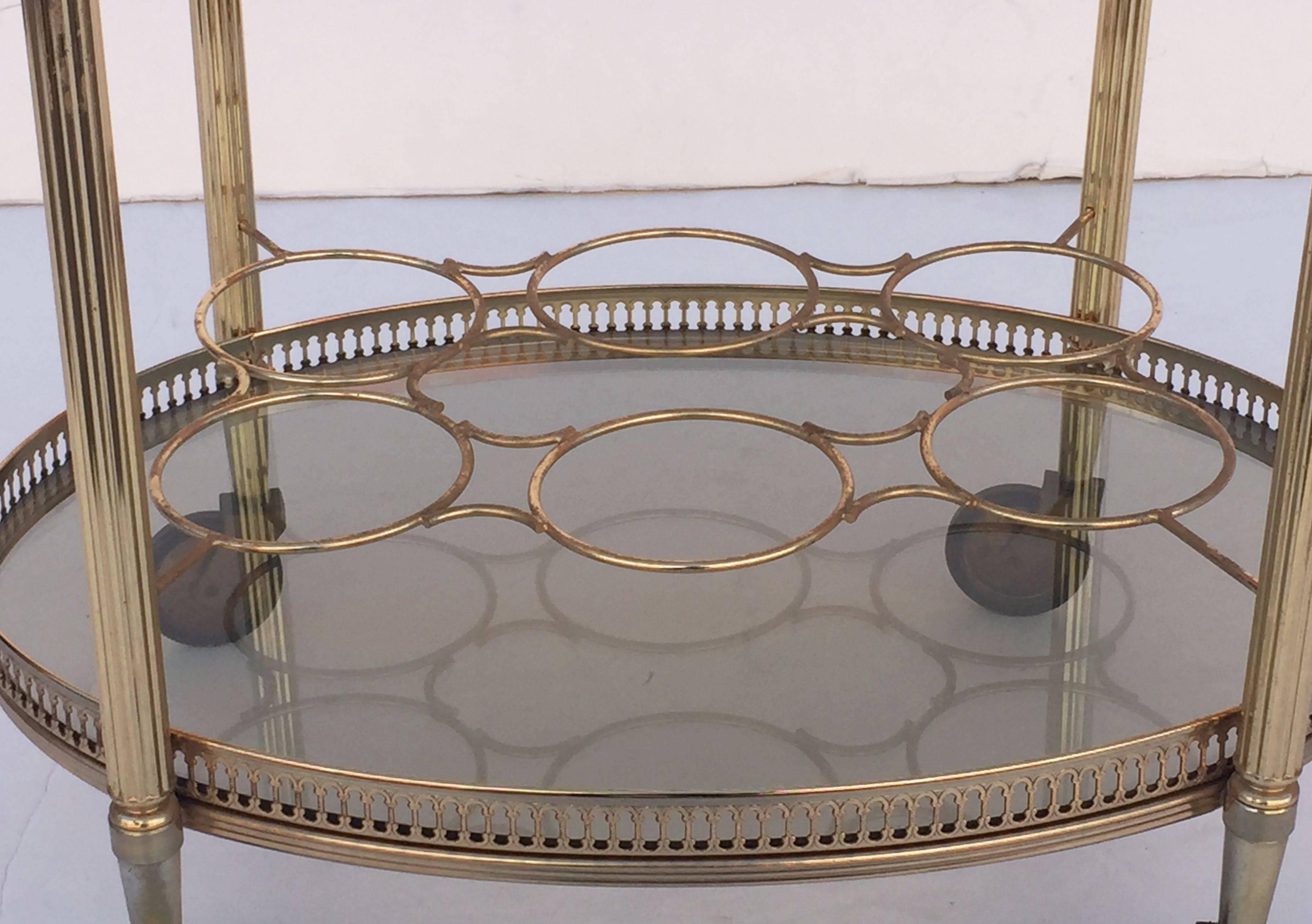 French Oval Drinks Cart of Brass and Smoked Glass with Serving Tray Top 3
