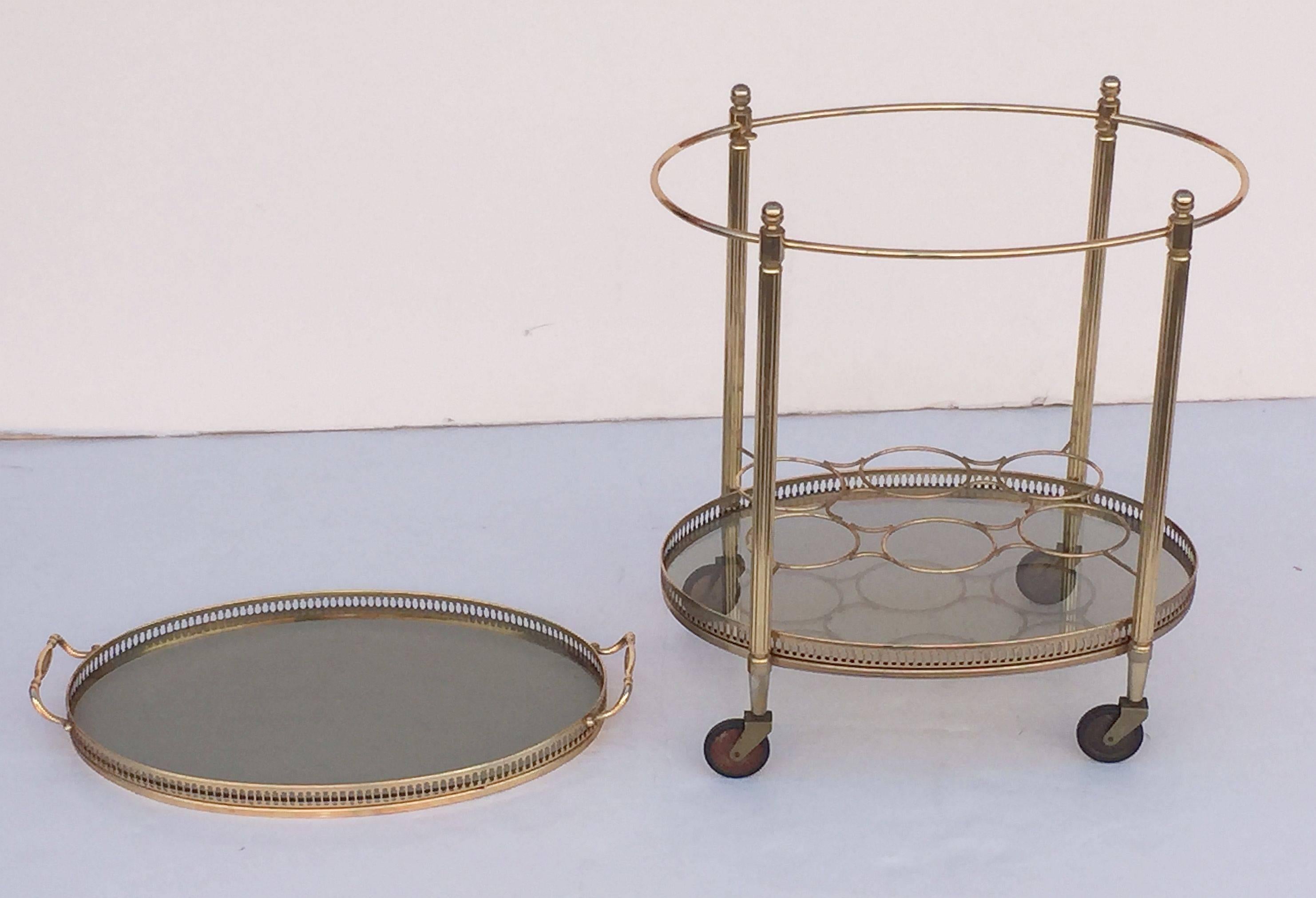 Metal French Oval Drinks Cart of Brass and Smoked Glass with Serving Tray Top