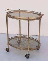 French Oval Drinks Cart of Brass and Smoked Glass with Serving Tray Top