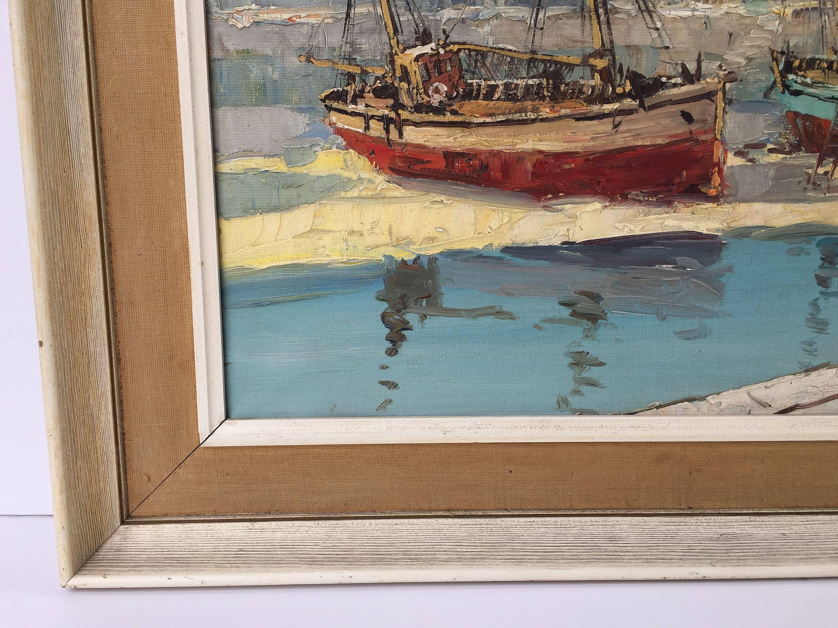 French Framed Oil Painting on Canvas of a Harbor Scene In Good Condition In Austin, TX