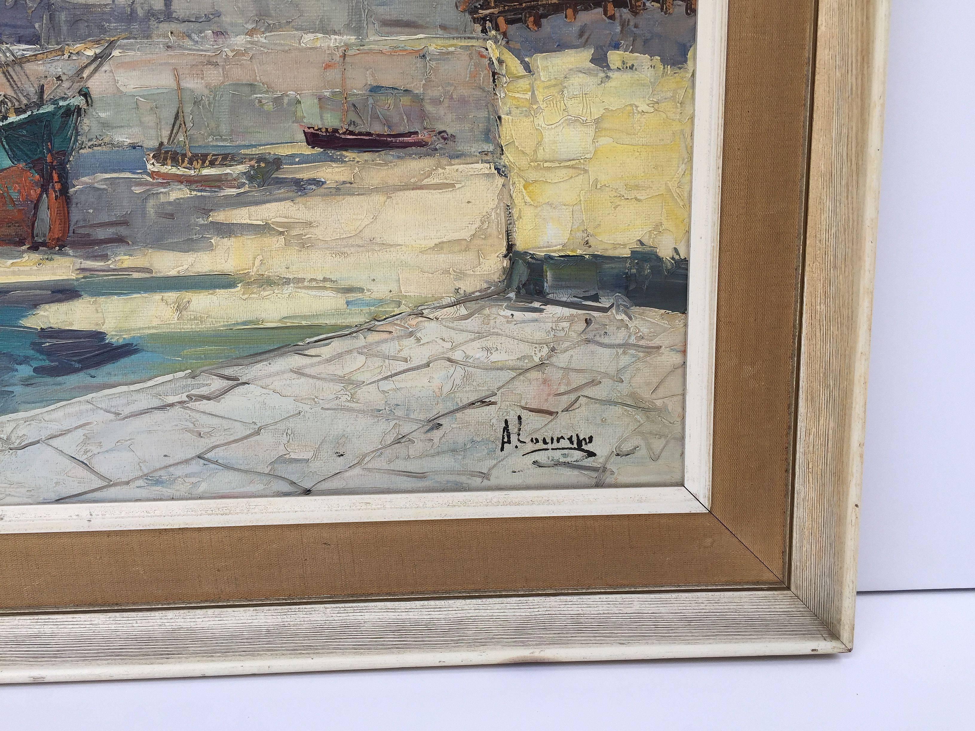 20th Century French Framed Oil Painting on Canvas of a Harbor Scene