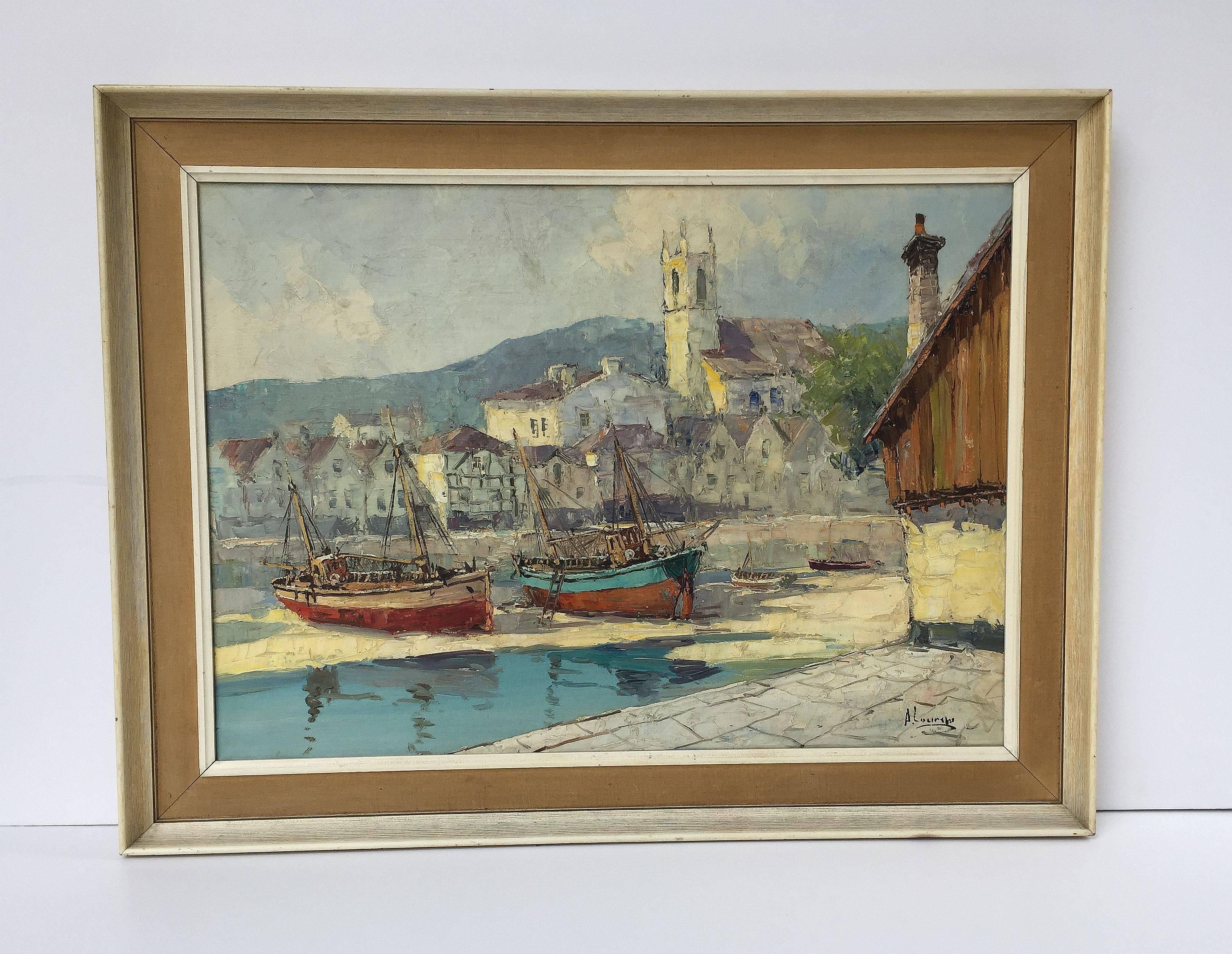 A fine French oil painting on canvas of a harbor scene, featuring a view of two boats in the foreground and a picturesque town in the background.