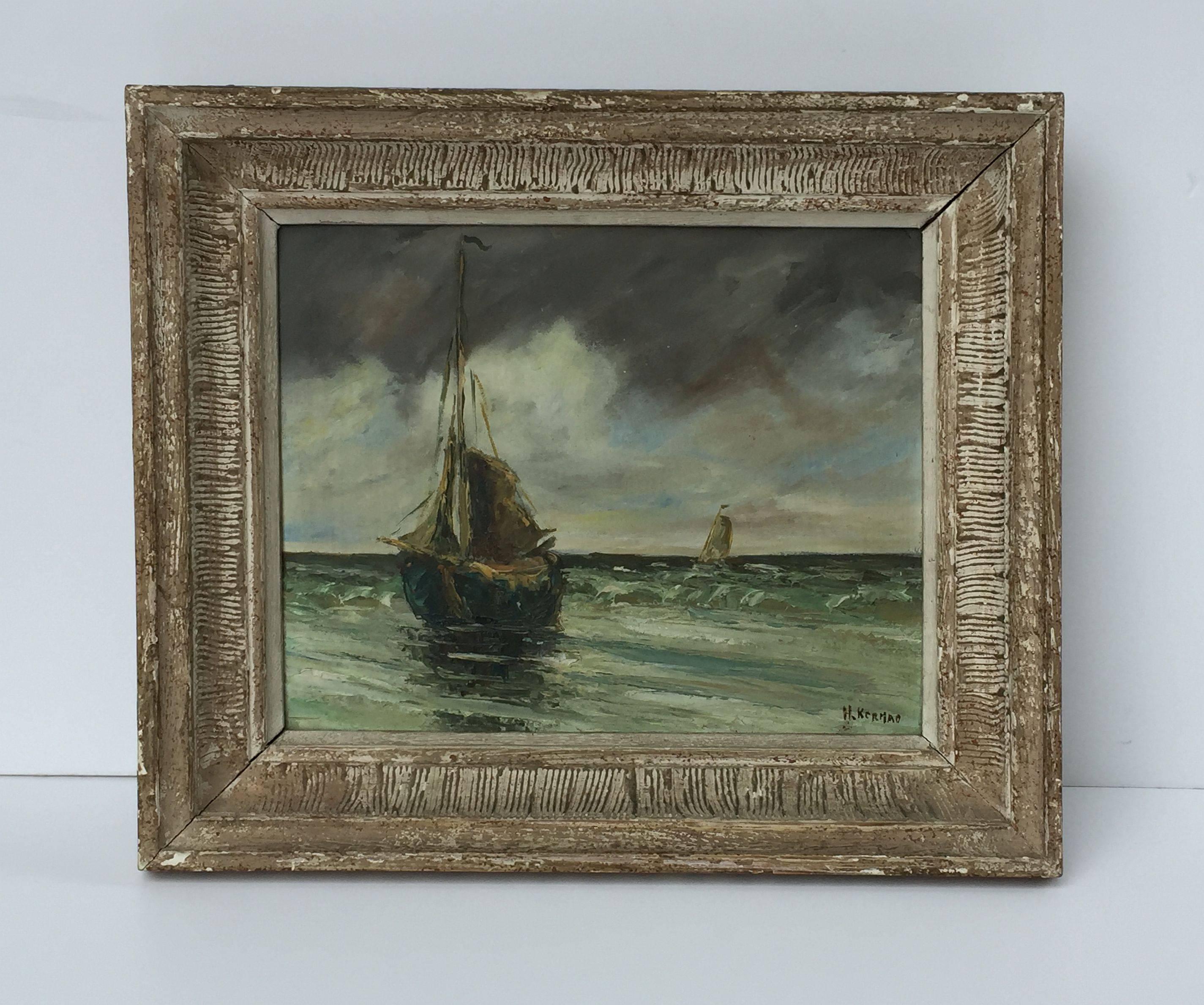 A fine French oil painting on board of sailing ships, signed by H. Kermao.