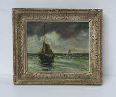 French Oil Painting on Board of Sailing Ships by H. Kermao