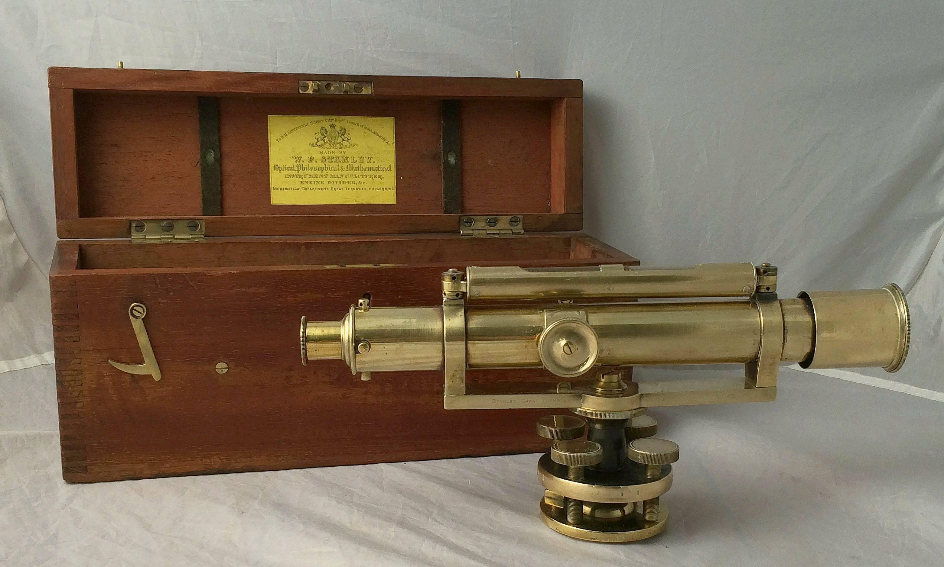 Metal Surveyor's Level or Theodolite by W.F. Stanley, London, in Original Fitted Box For Sale