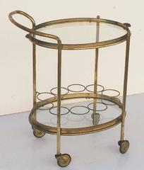 French Oval Drinks Cart of Brass and Glass with Serving Tray Top