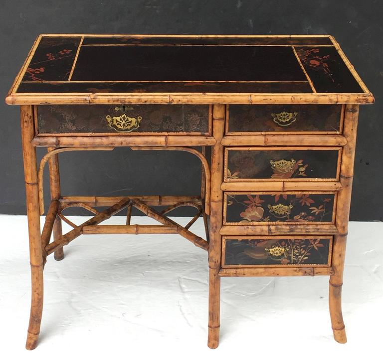 English Bamboo Writing Desk With Leather Top And Lacquered Sides