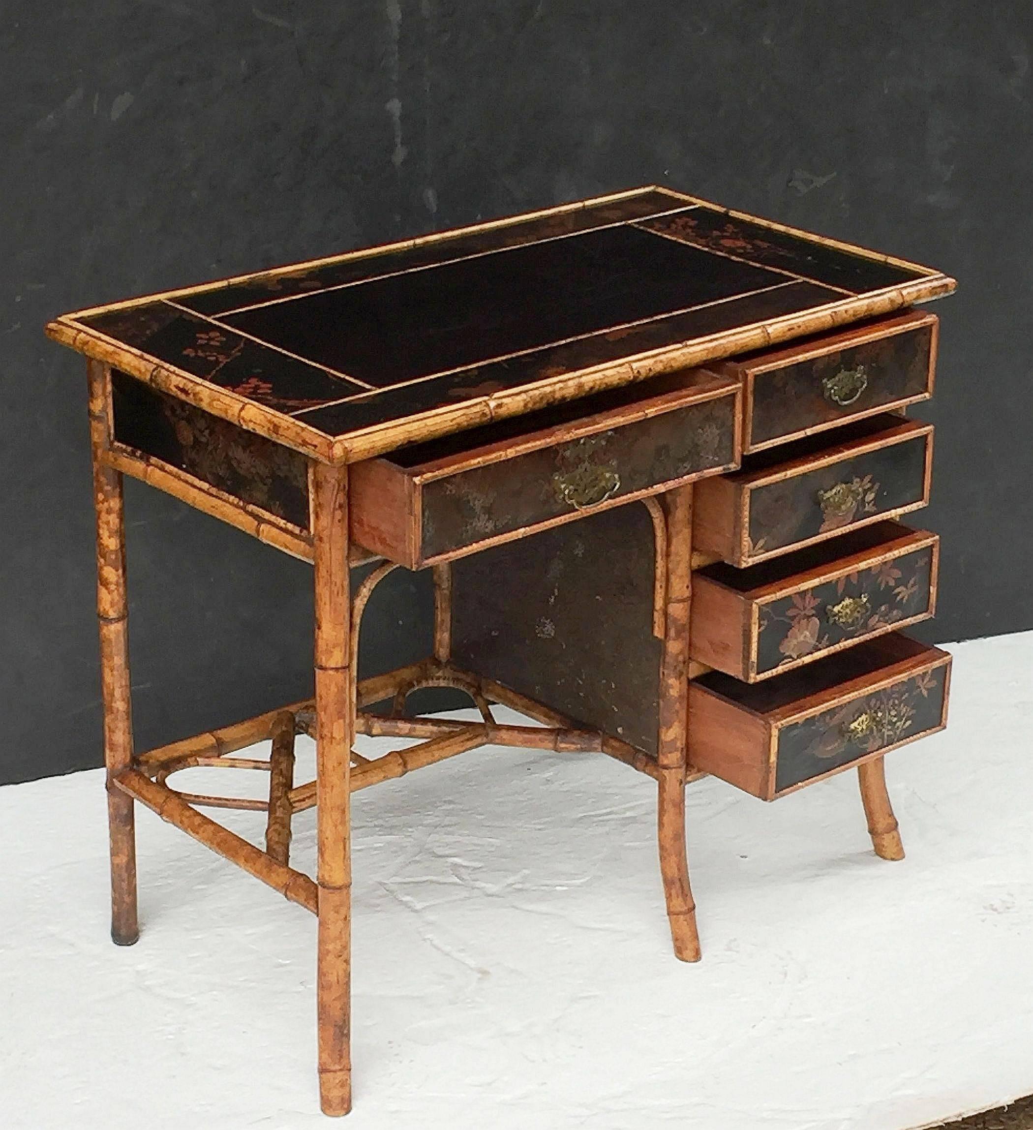 Aesthetic Movement English Bamboo Writing Desk with Leather Top and Lacquered Sides