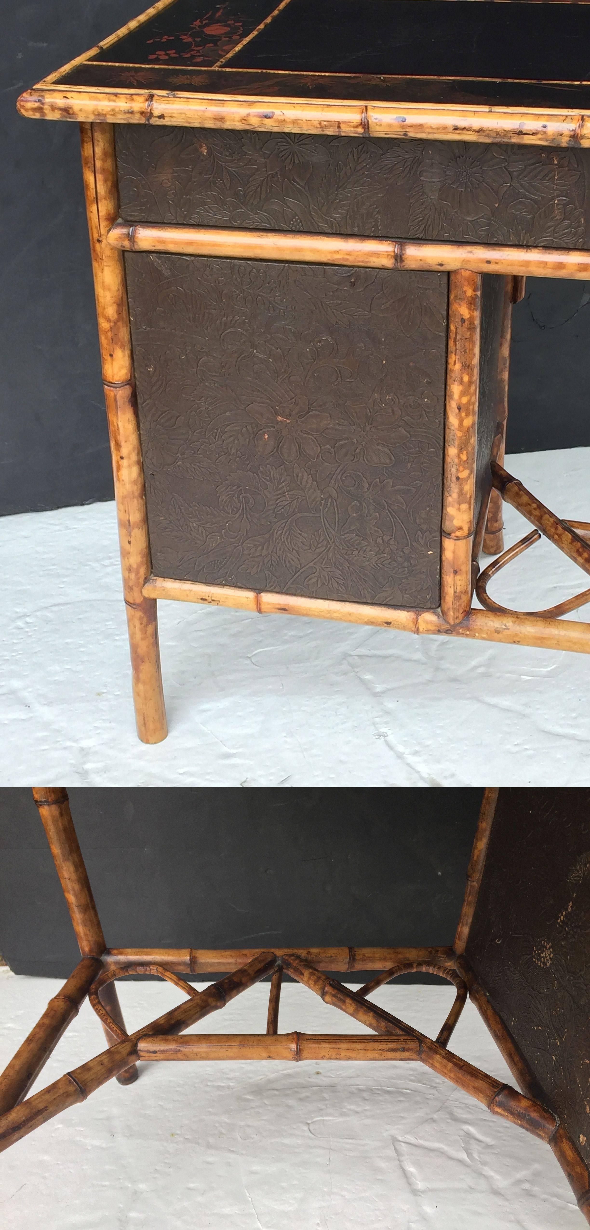 Brass English Bamboo Writing Desk with Leather Top and Lacquered Sides