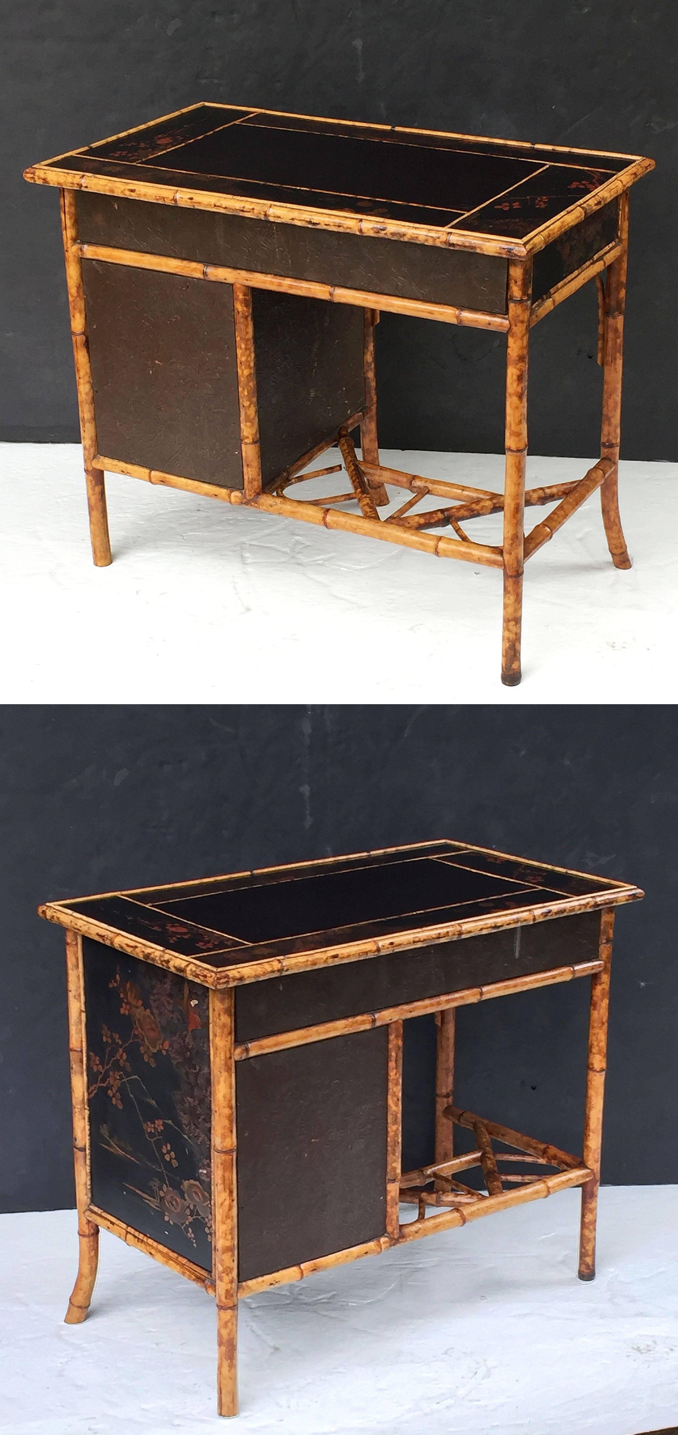 19th Century English Bamboo Writing Desk with Leather Top and Lacquered Sides