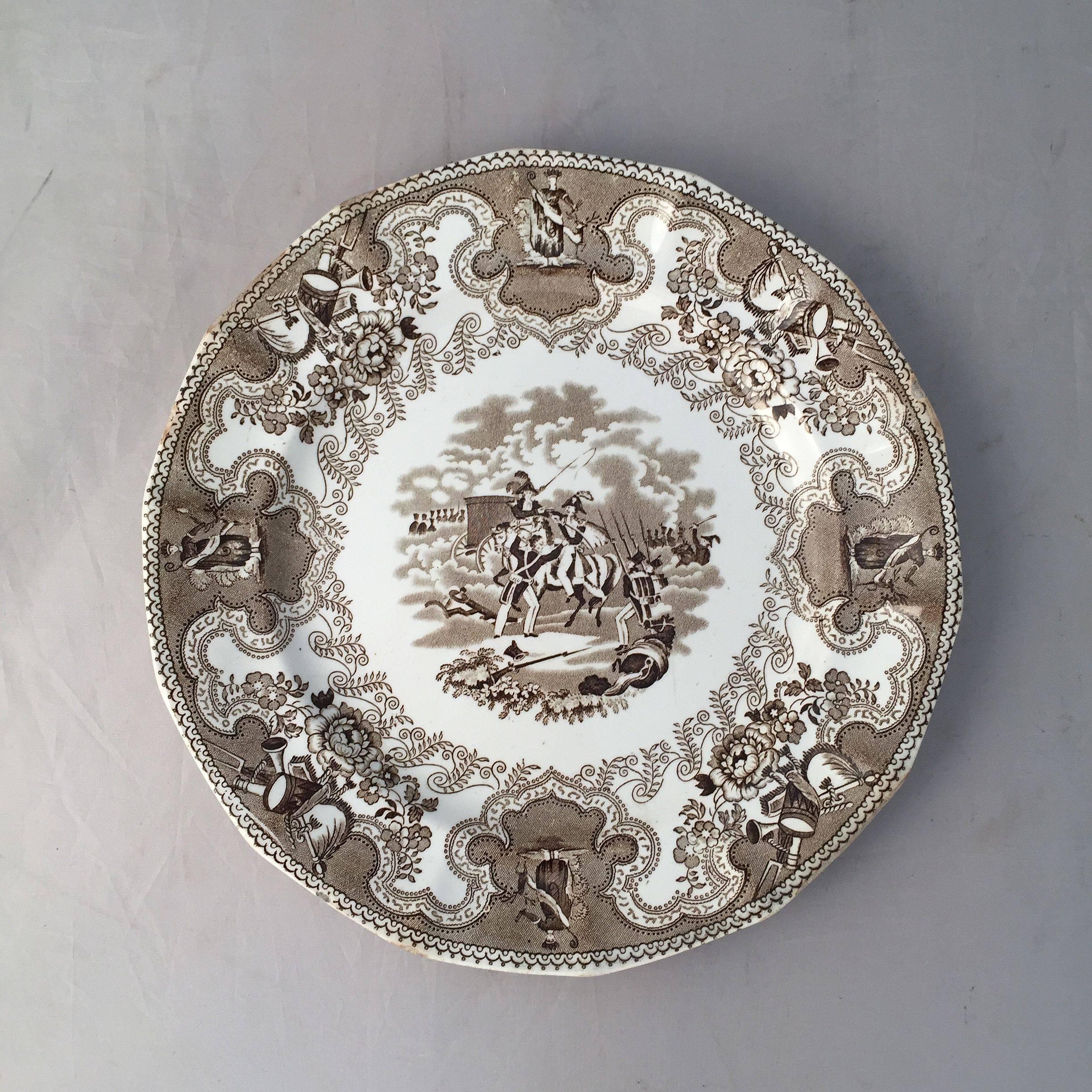 A fine English china plate with the sought-after 'Texian Campaigne' pattern in brown and white transfer ware by Thomas Walker, circa 1845-1851.

Also known as Texan Campaign, Texian Campaigne, a most popular American Historical Staffordshire