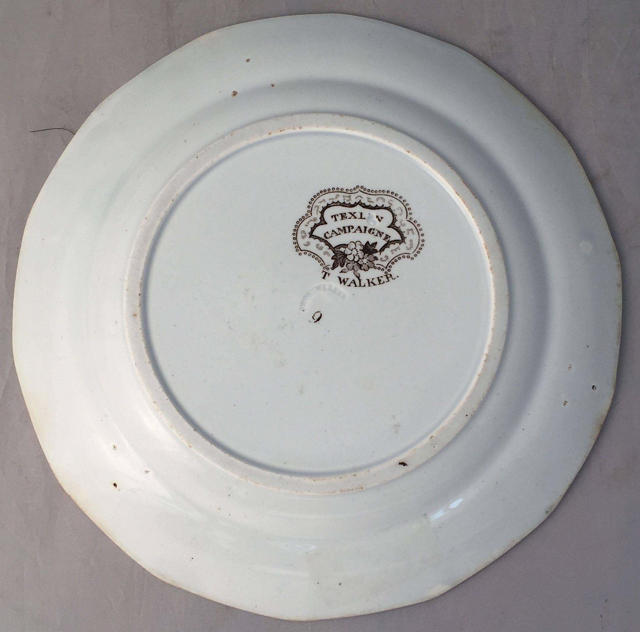 Pottery English Brown and White Plate, 'Texian Campaigne' by Thomas Walker
