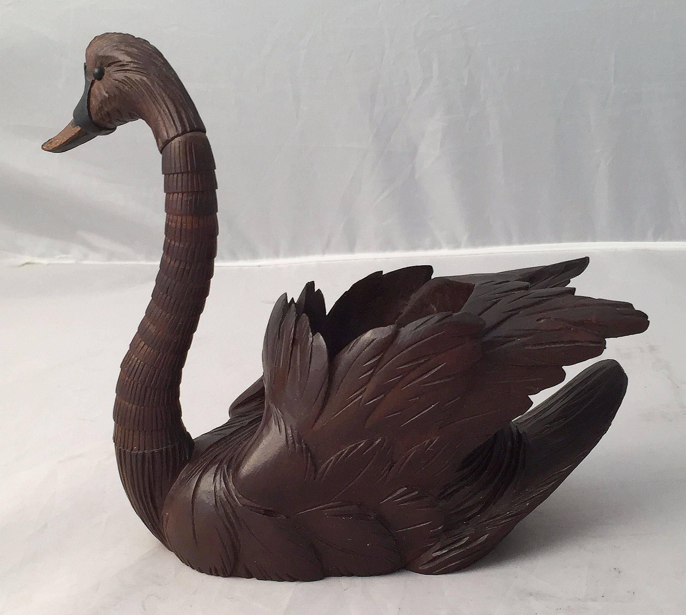 Carved Black Forest Wooden Swan with Articulated Head and Neck