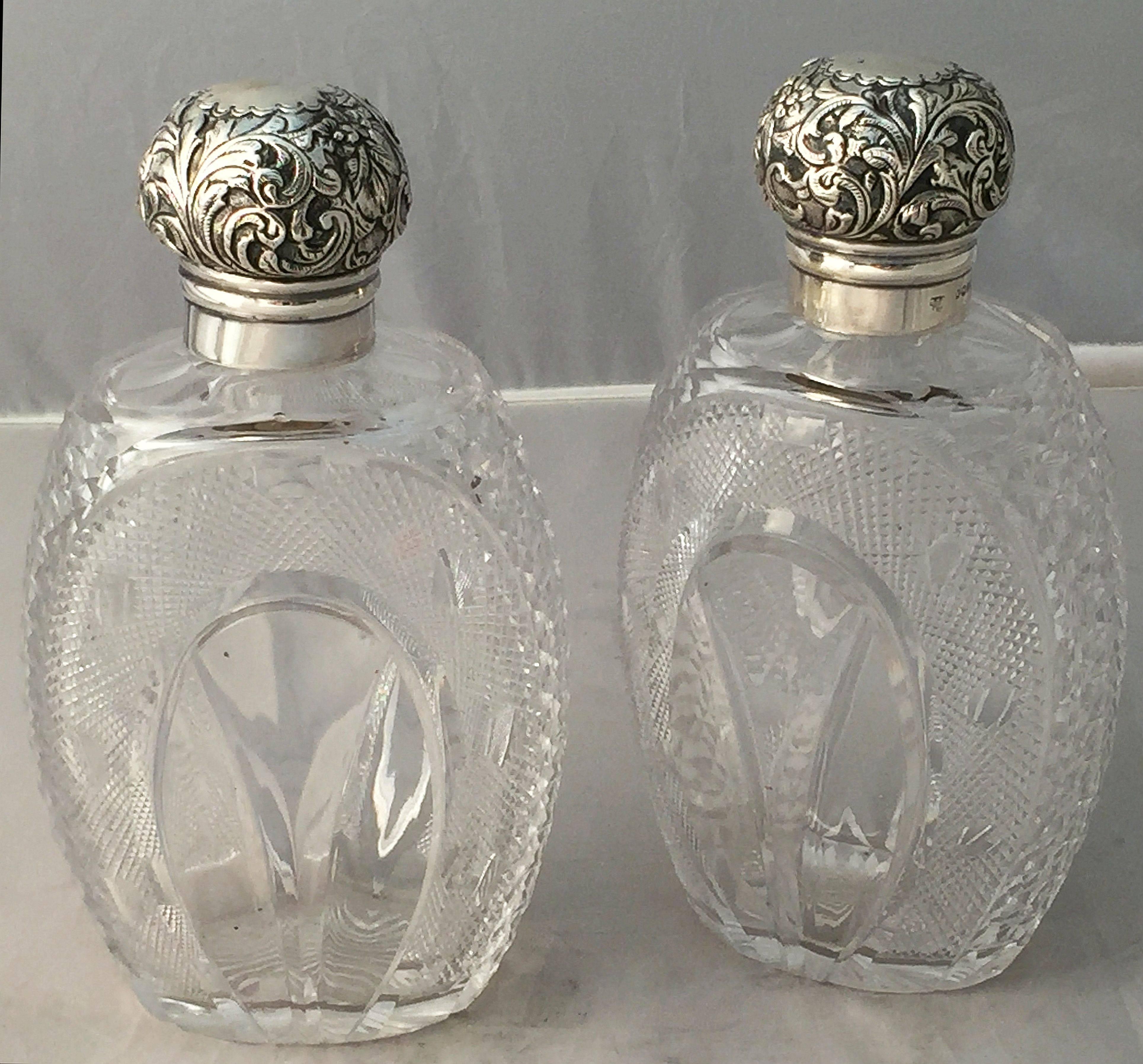 English Crystal Bottles with Sterling Silver Tops, circa 1889 In Excellent Condition In Austin, TX