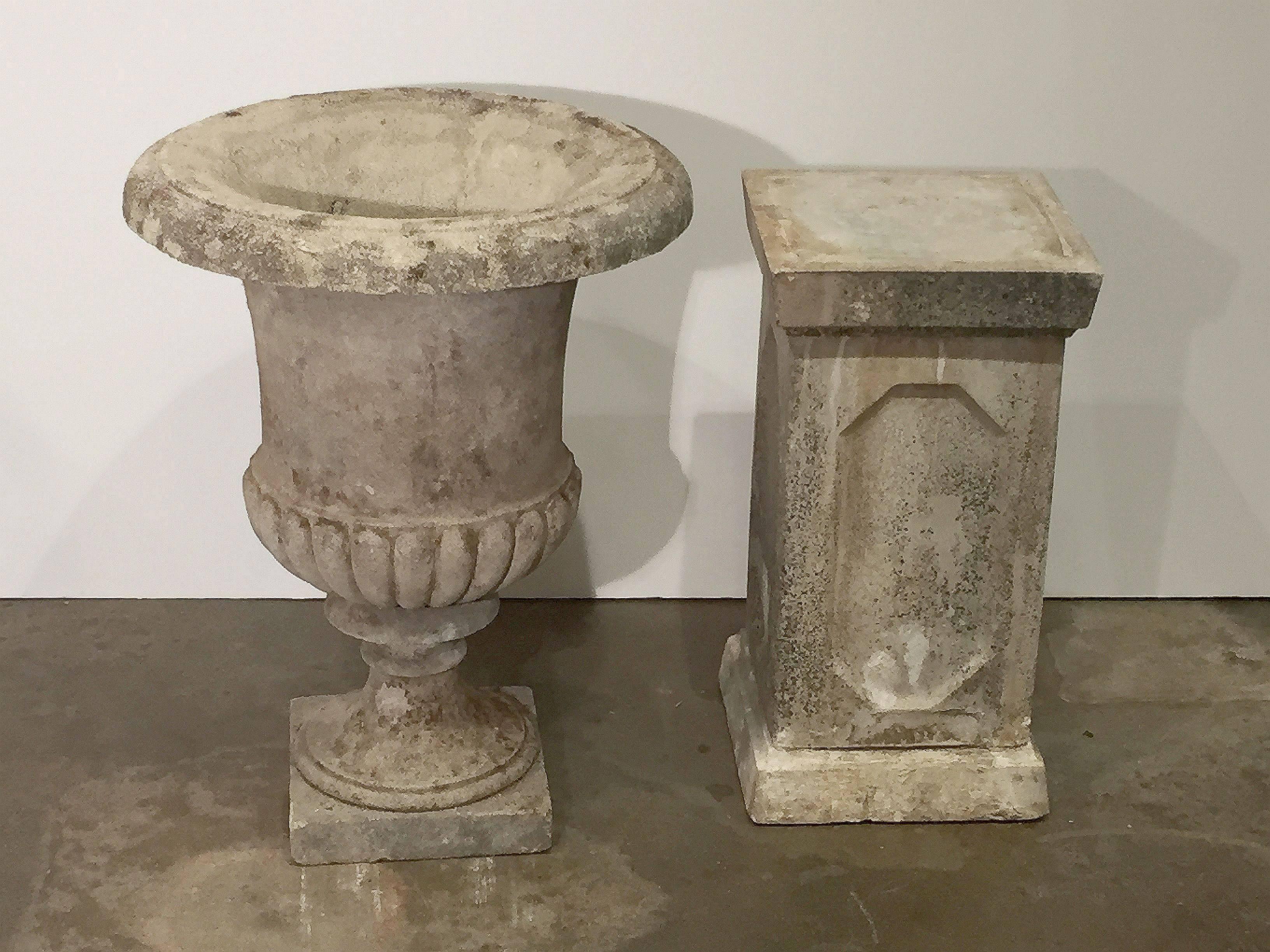 English Garden Stone Urn on Plinth in the Classical Style 1