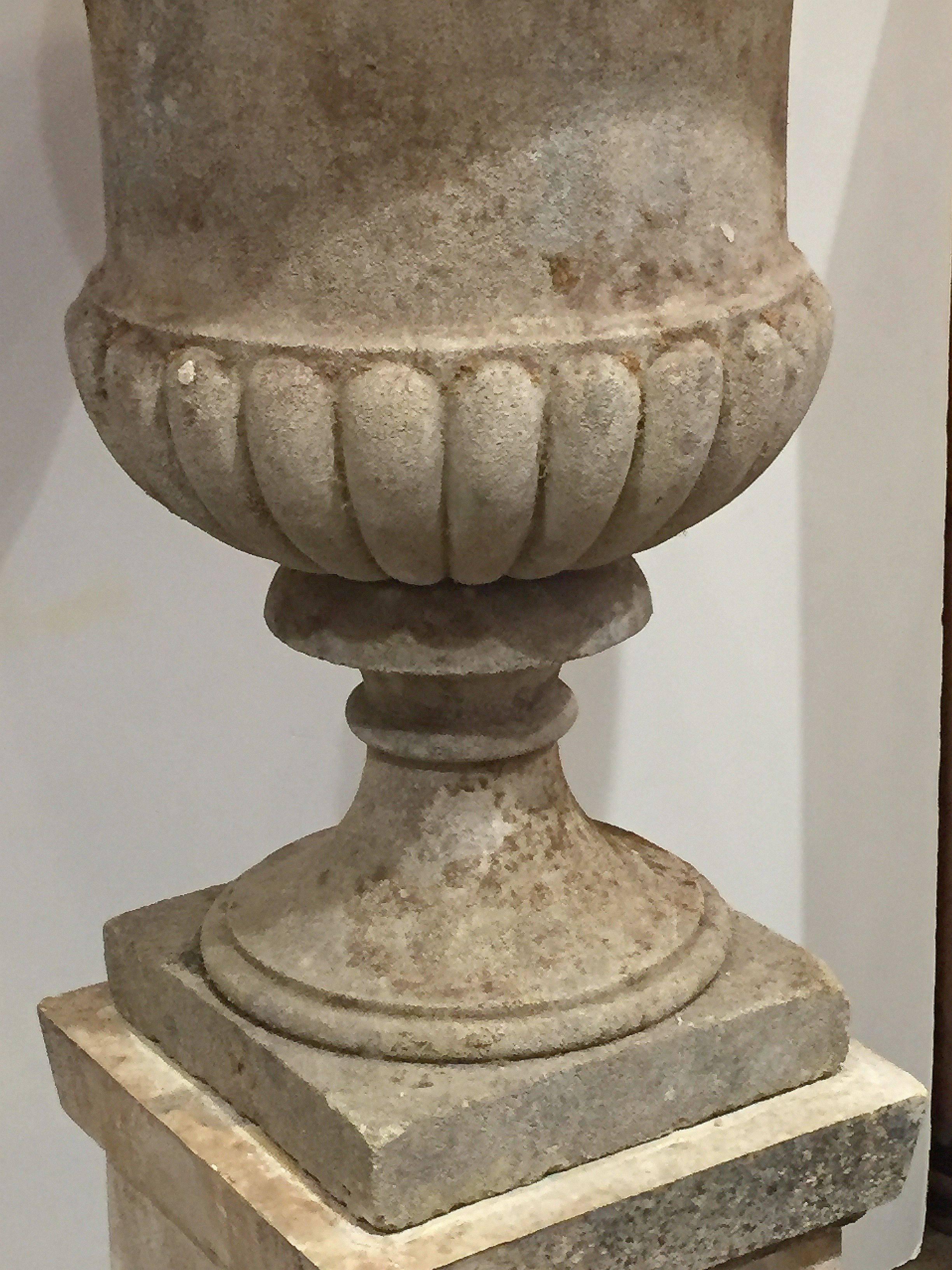 20th Century English Garden Stone Urn on Plinth in the Classical Style