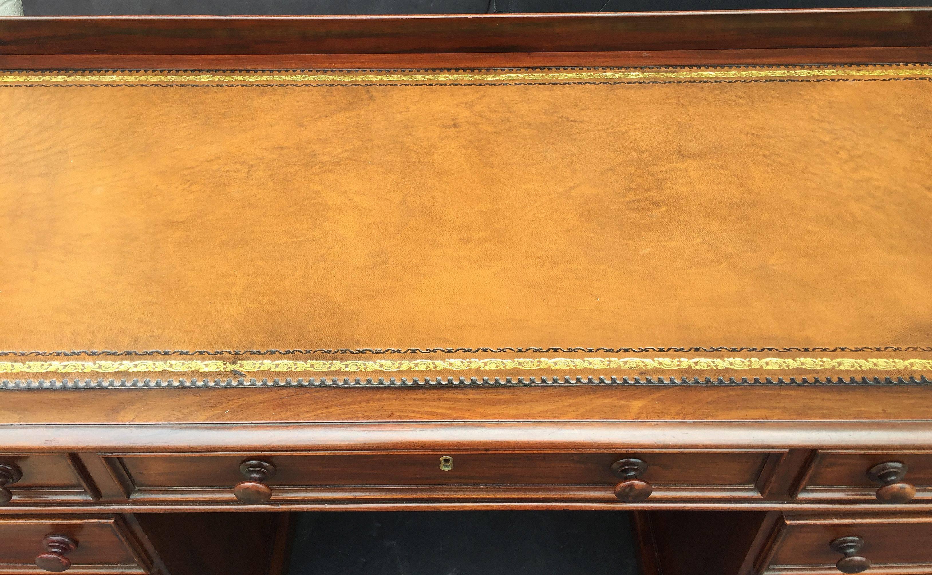 English Pedestal Desk of Mahogany with Embossed Leather Top 1