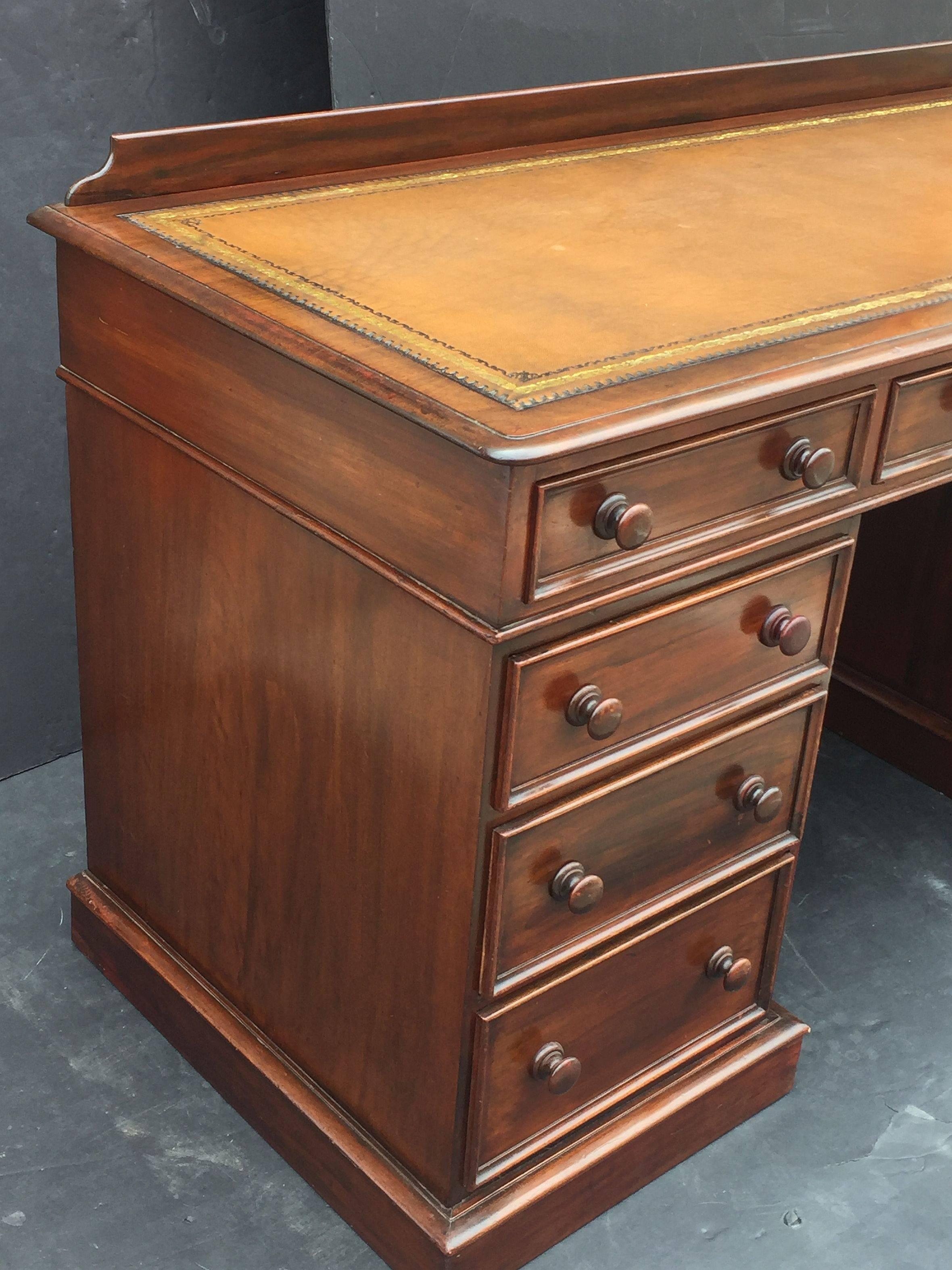English Pedestal Desk of Mahogany with Embossed Leather Top 3