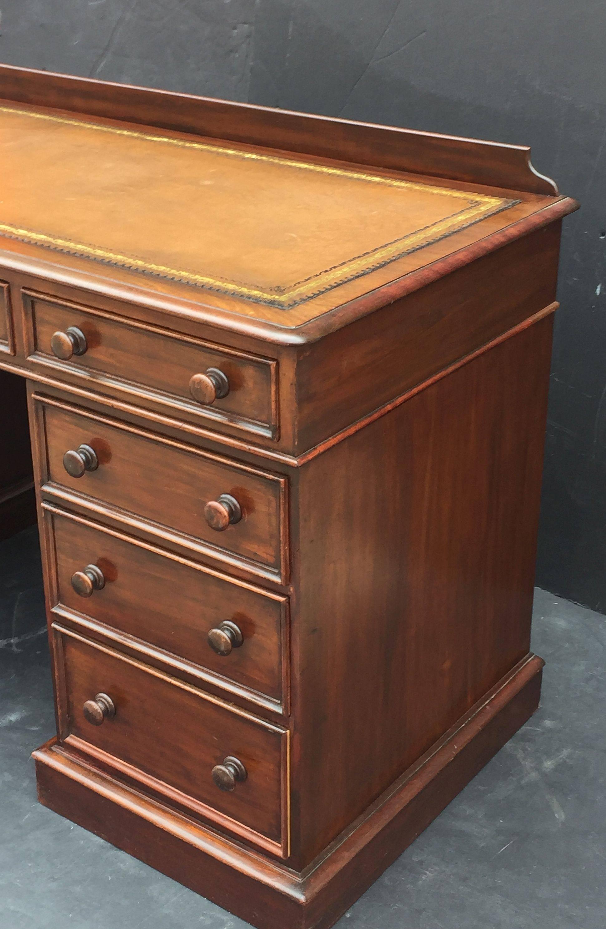 English Pedestal Desk of Mahogany with Embossed Leather Top 4