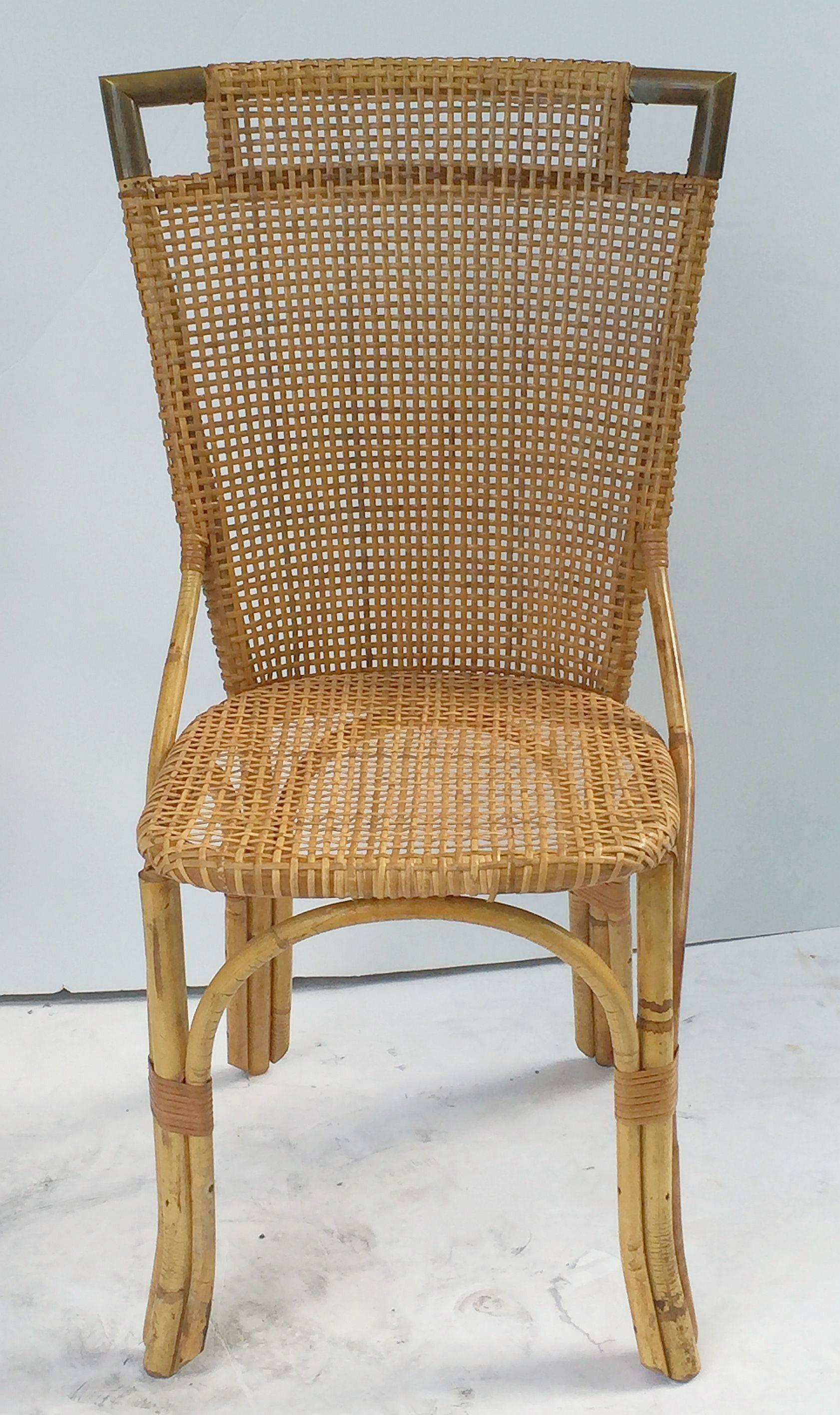 Brass Mid-Century French Rattan Table and Chairs Set 'Attr. Louis Sognot'