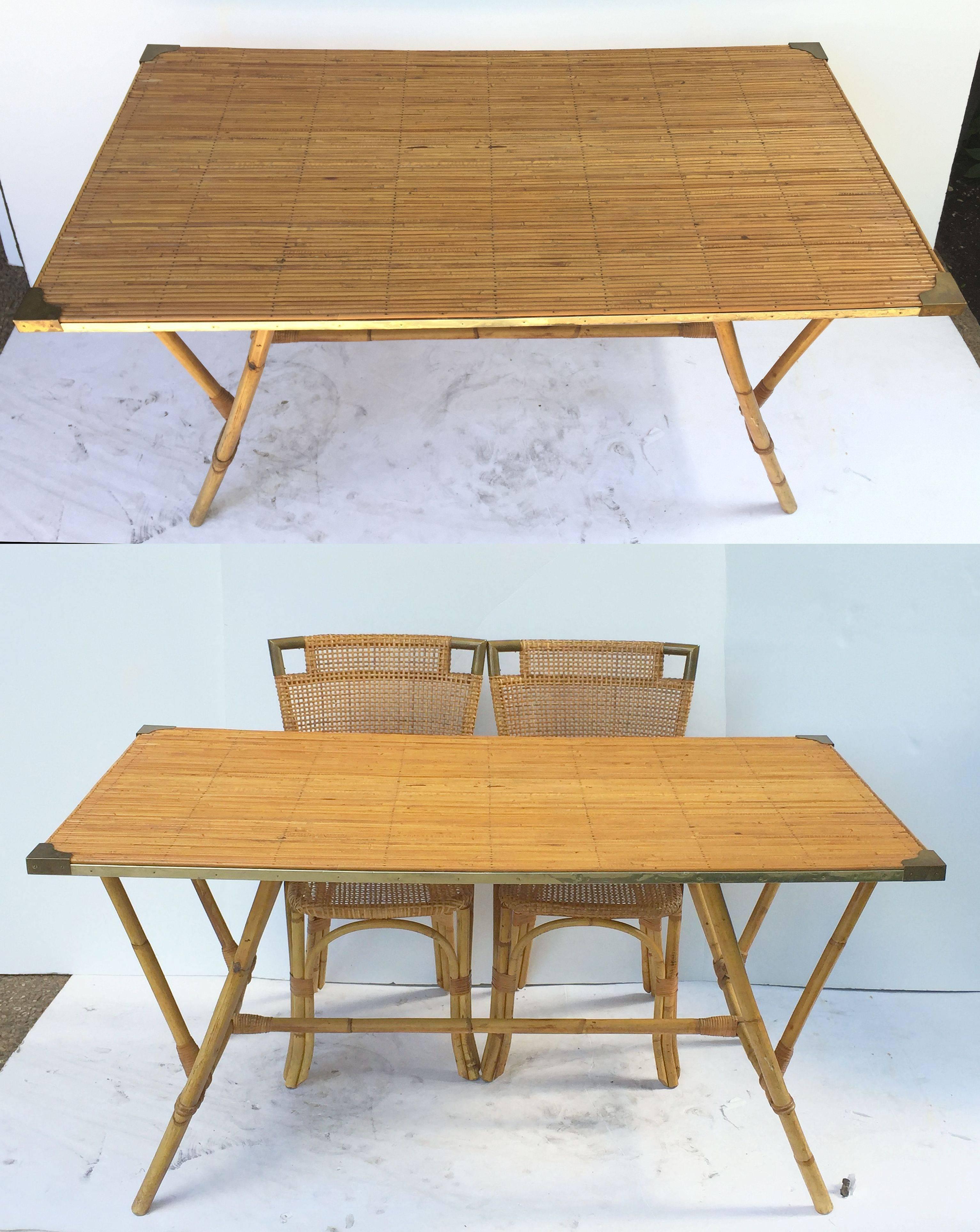 Mid-Century Modern Mid-Century French Rattan Table and Chairs Set 'Attr. Louis Sognot'