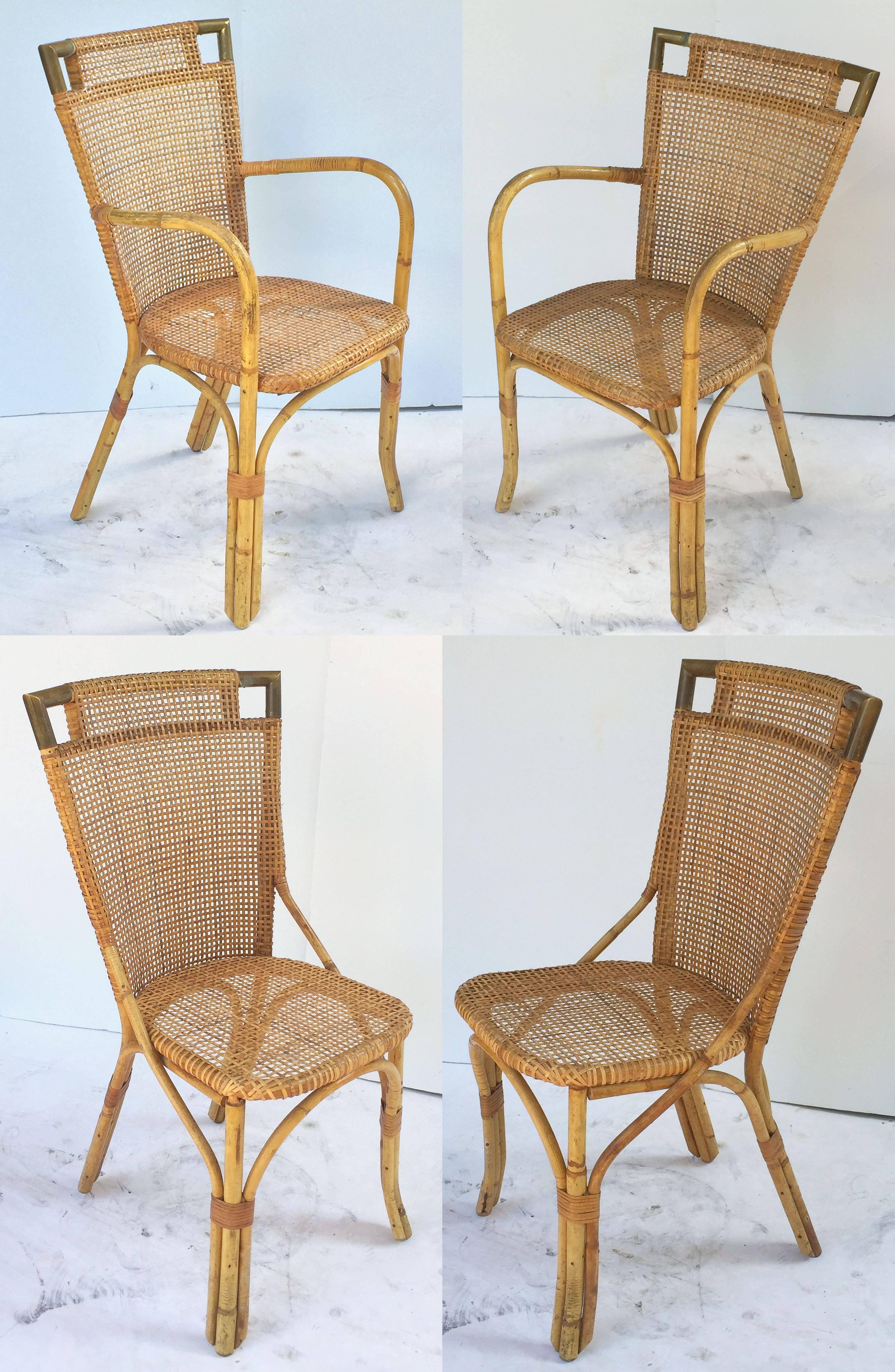 Mid-Century French Rattan Table and Chairs Set 'Attr. Louis Sognot' 1