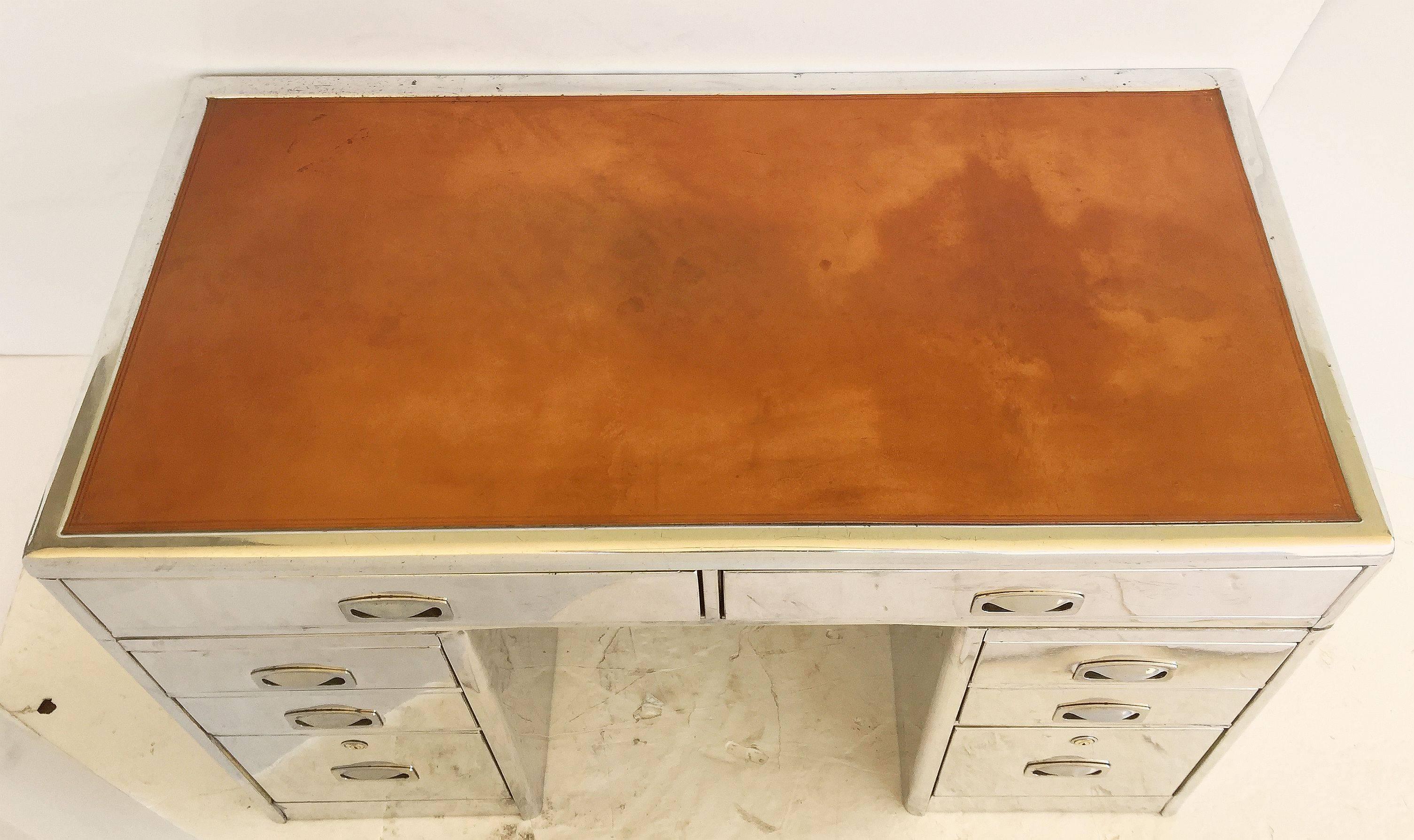 Polished Aluminum English Marine or Nautical Pedestal Desk with Leather Top In Good Condition In Austin, TX