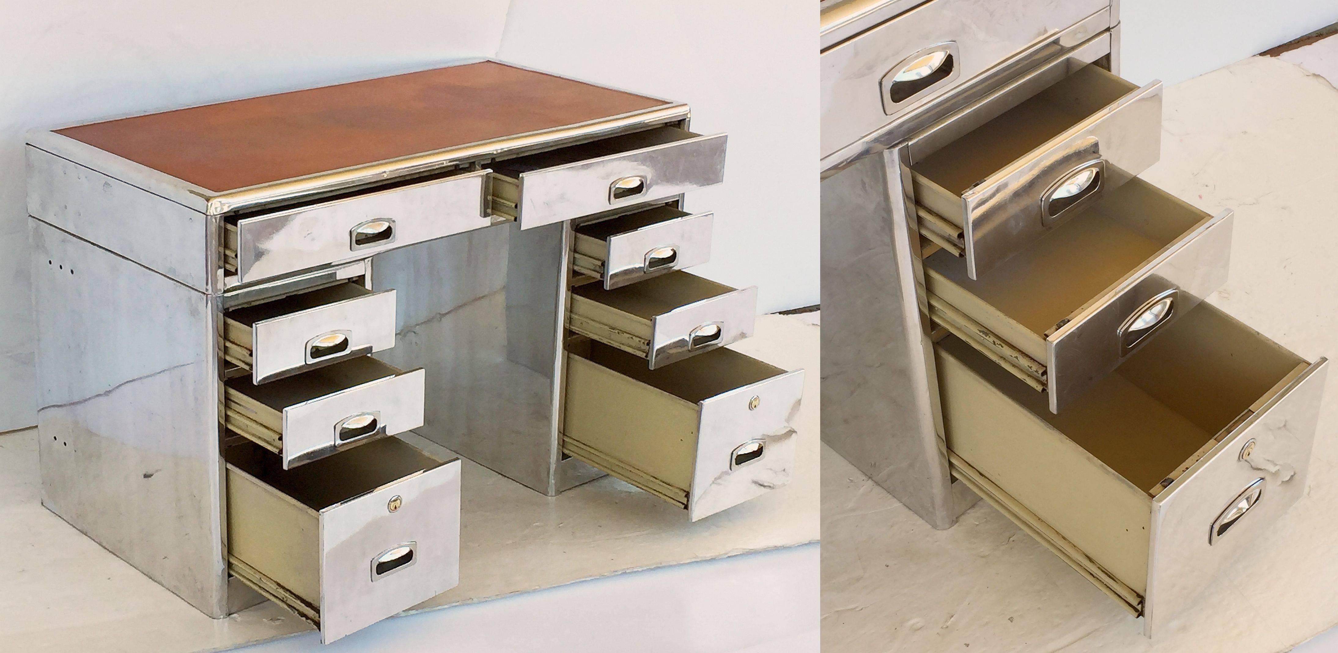 Polished Aluminum English Marine or Nautical Pedestal Desk with Leather Top 1