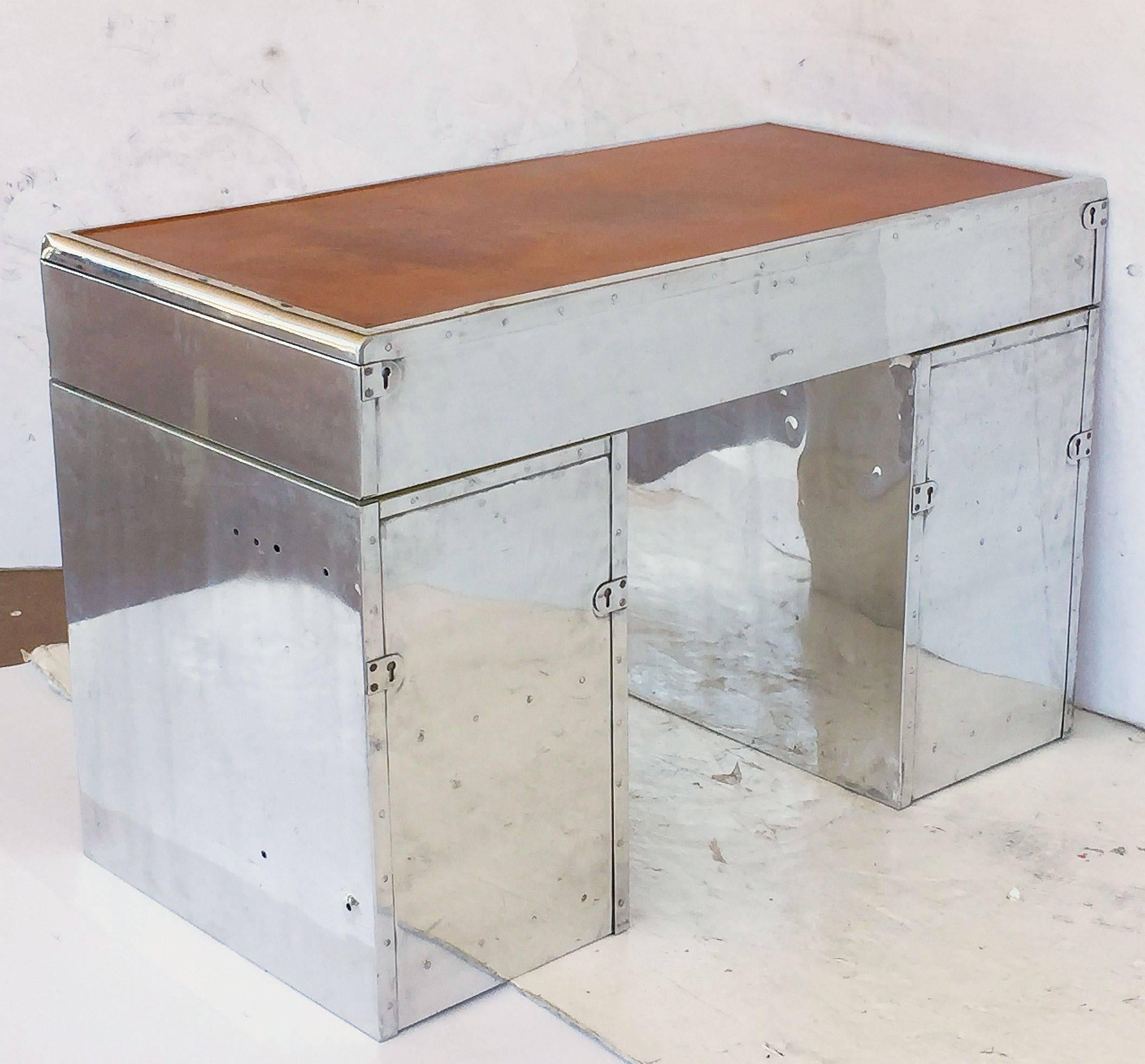 Metal Polished Aluminum English Marine or Nautical Pedestal Desk with Leather Top