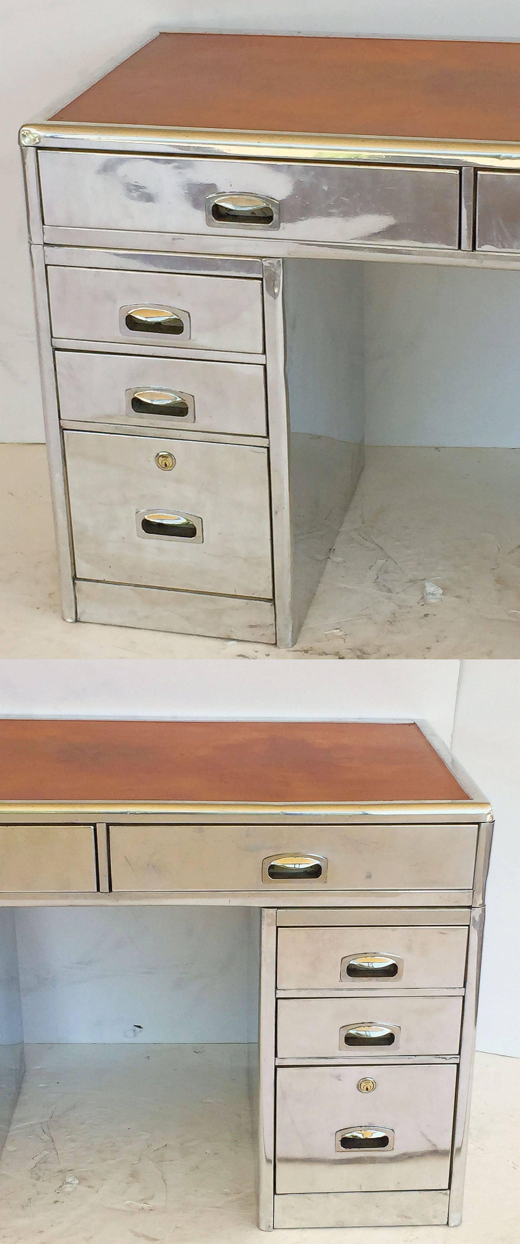 20th Century Polished Aluminum English Marine or Nautical Pedestal Desk with Leather Top