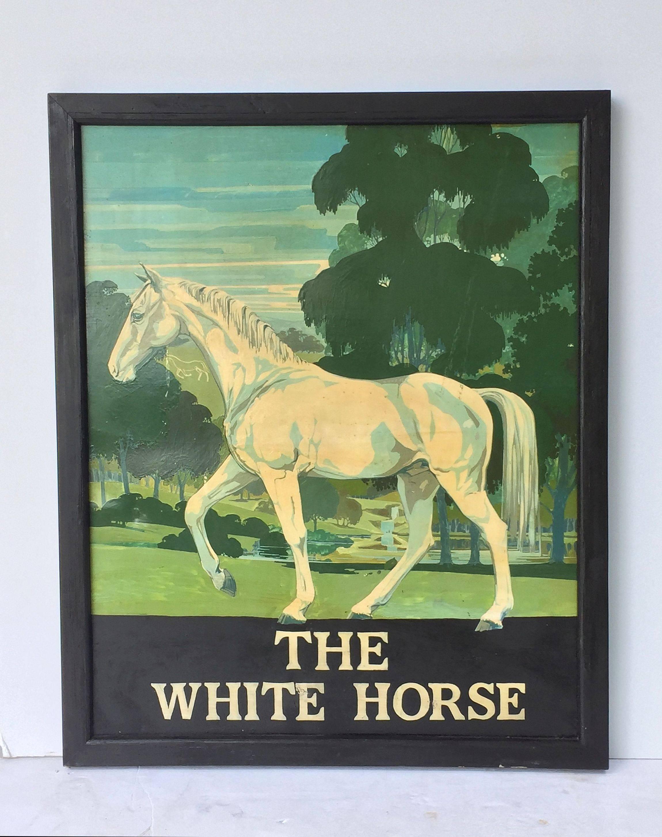 An authentic English pub sign (one-sided) featuring a painting of a white horse, with trees in the background, entitled: The White Horse

A very fine example of vintage advertising artwork, ready for display.
 