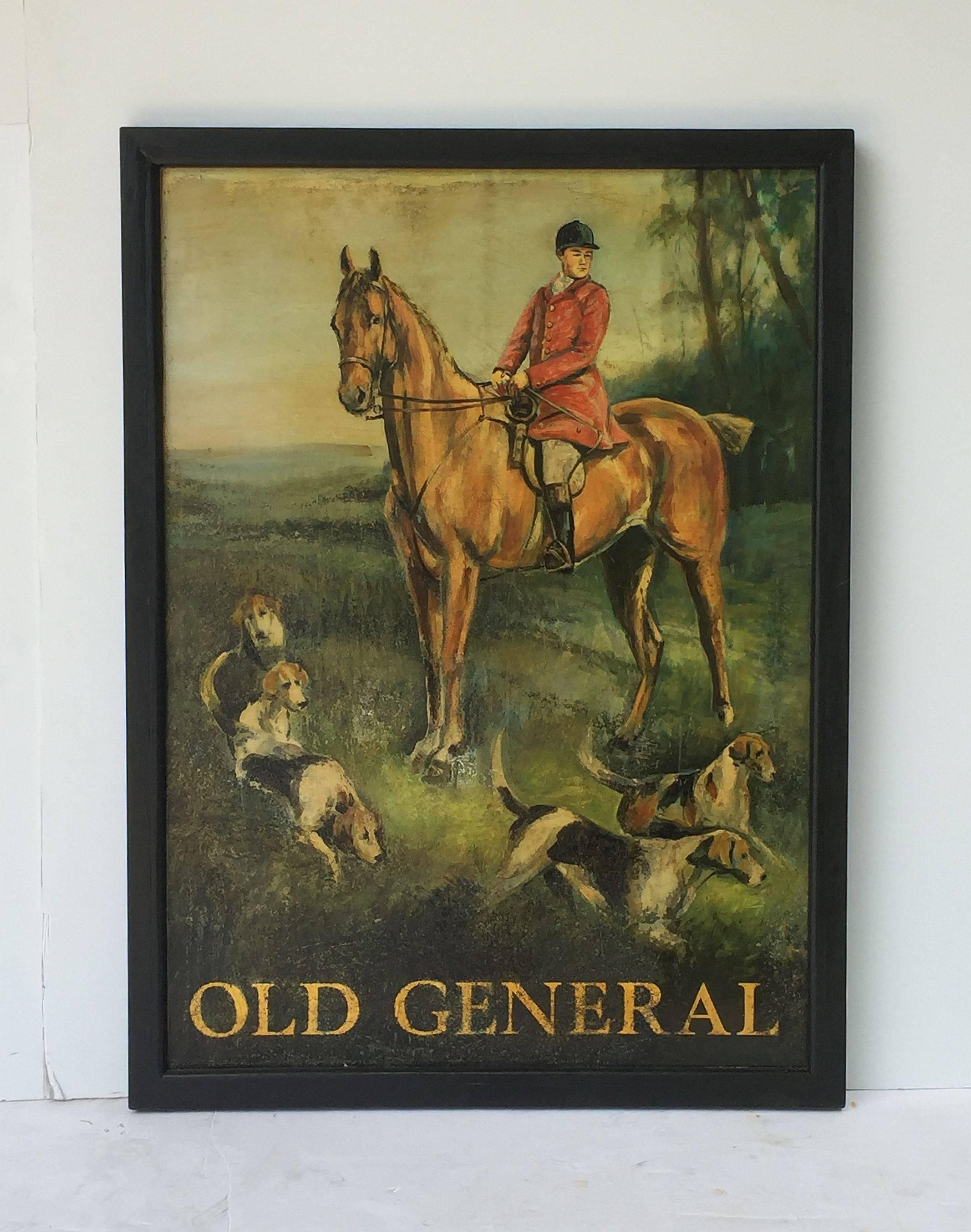 An authentic English pub sign (one-sided) featuring a painting of a man in full English hunt regalia astride a horse, with beagle hunting dogs, and a cluster of trees in the background, entitled: Old General

A very fine example of vintage