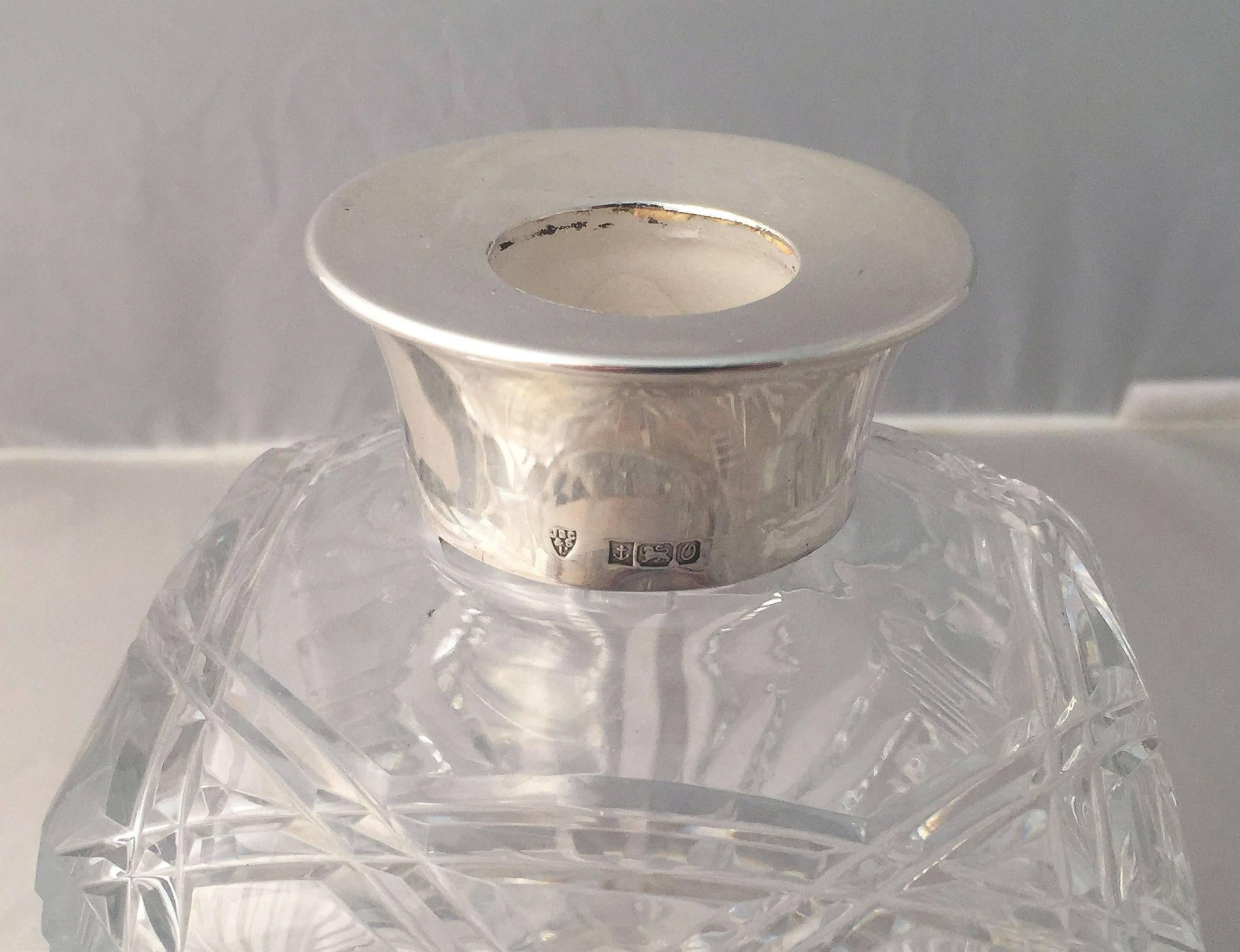 20th Century English Cut Crystal Spirits or Whiskey Decanter with Sterling Silver Collar