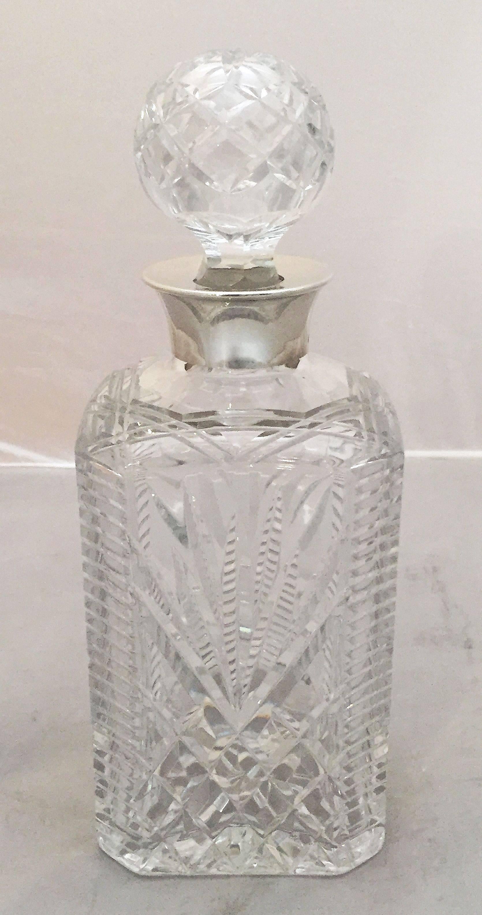 English Cut Crystal Spirits or Whiskey Decanter with Sterling Silver Collar 3