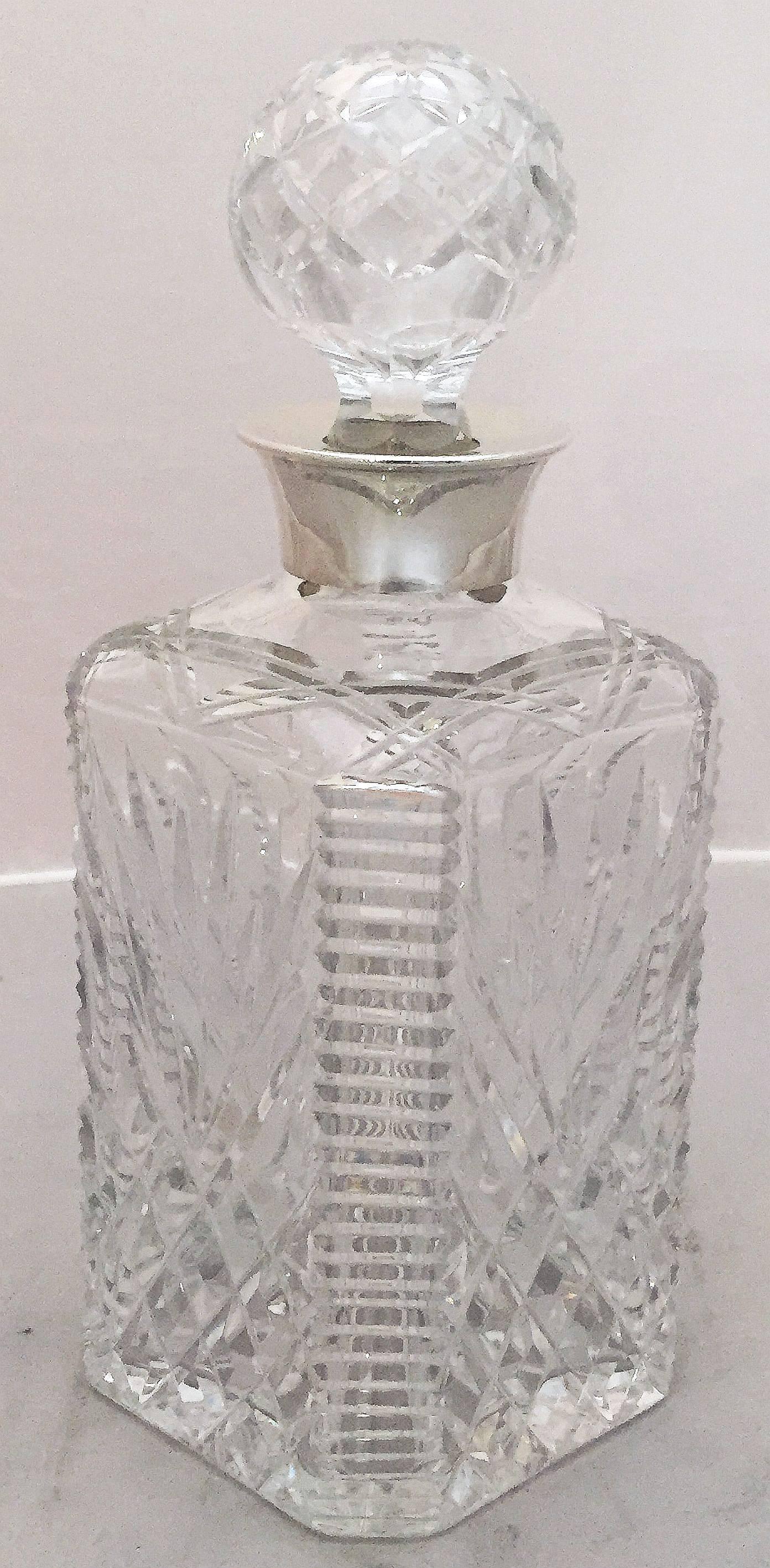 English Cut Crystal Spirits or Whiskey Decanter with Sterling Silver Collar 2