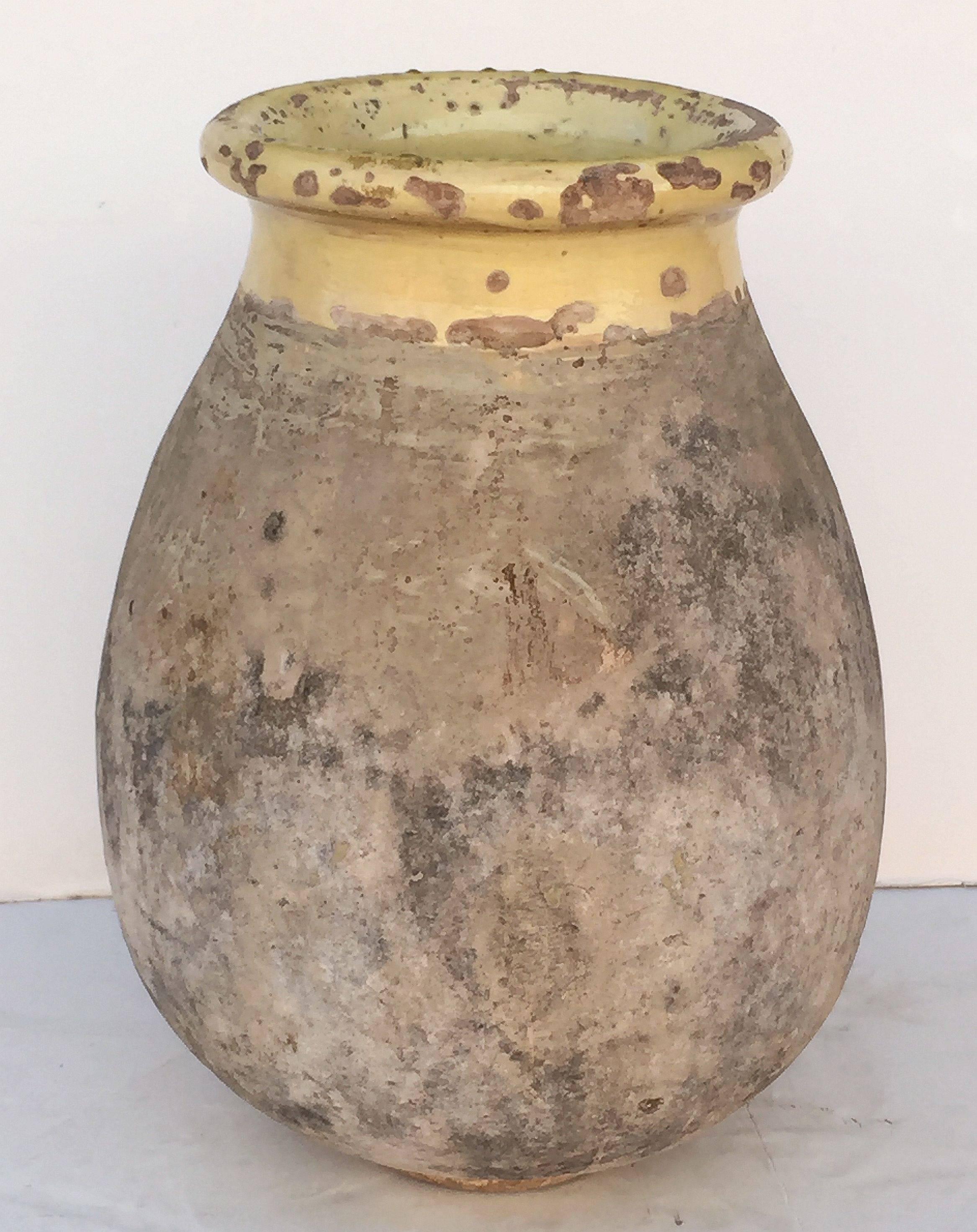 A handsome French garden pot or oil jar from the Biot, Alpes-Maritimes, region known as a pottery center from the 18th Century onward.

Featuring a glazed rolled-edge top over a smooth, cylindrical body and functional as a garden ornament, fountain,