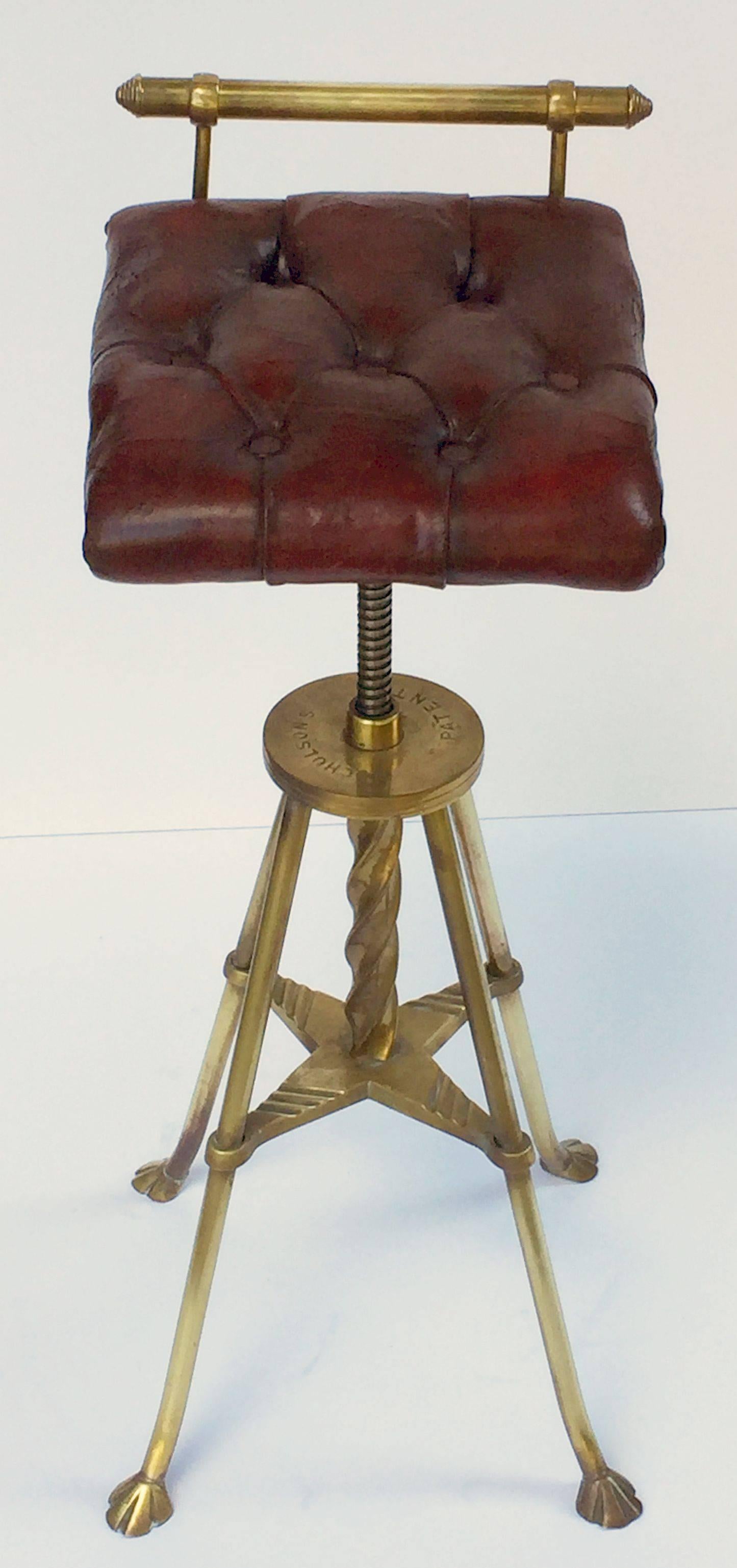 19th Century English Harpist's Stool of Brass with Original Button Leather Seat
