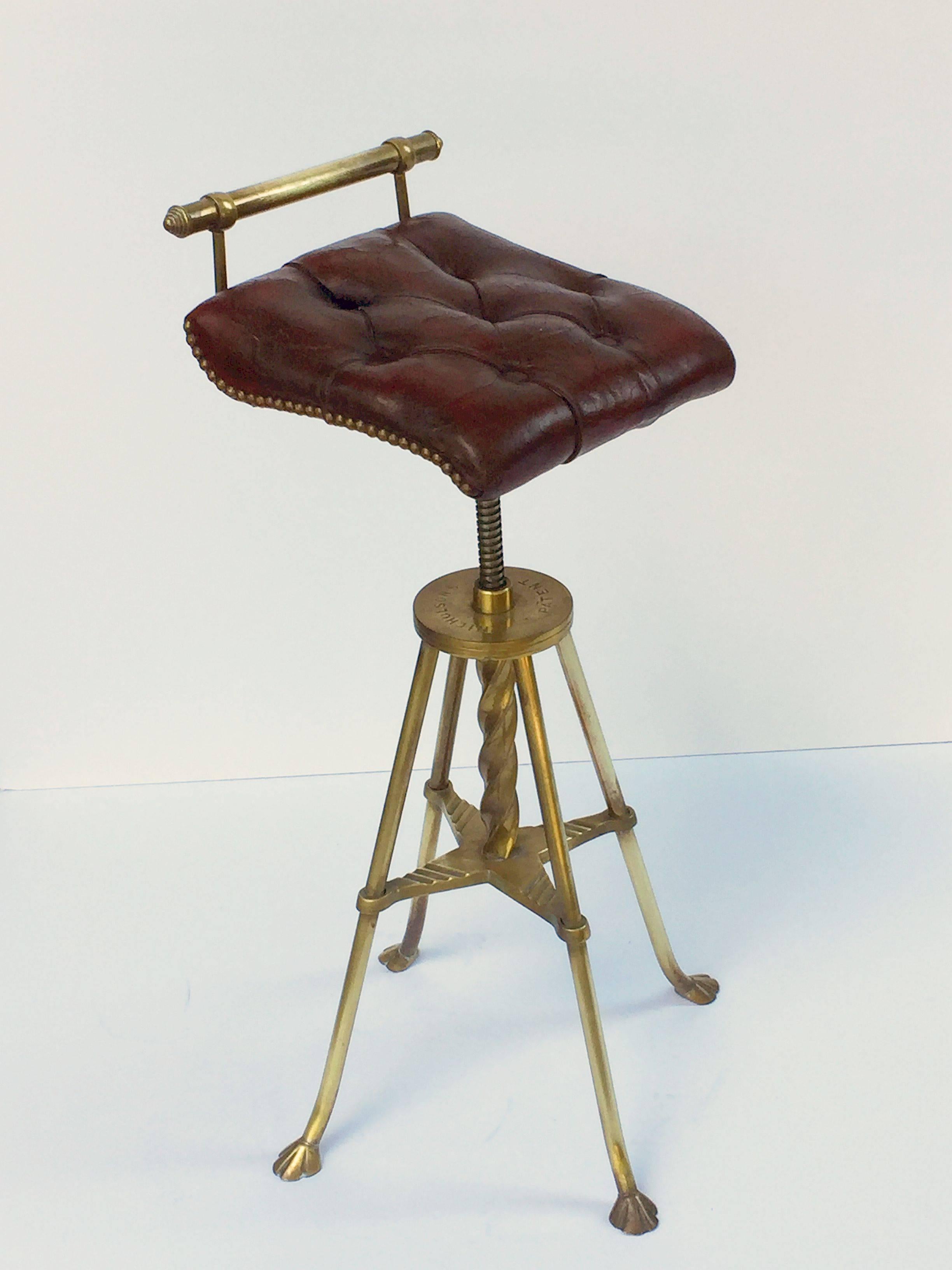 English Harpist's Stool of Brass with Original Button Leather Seat 1