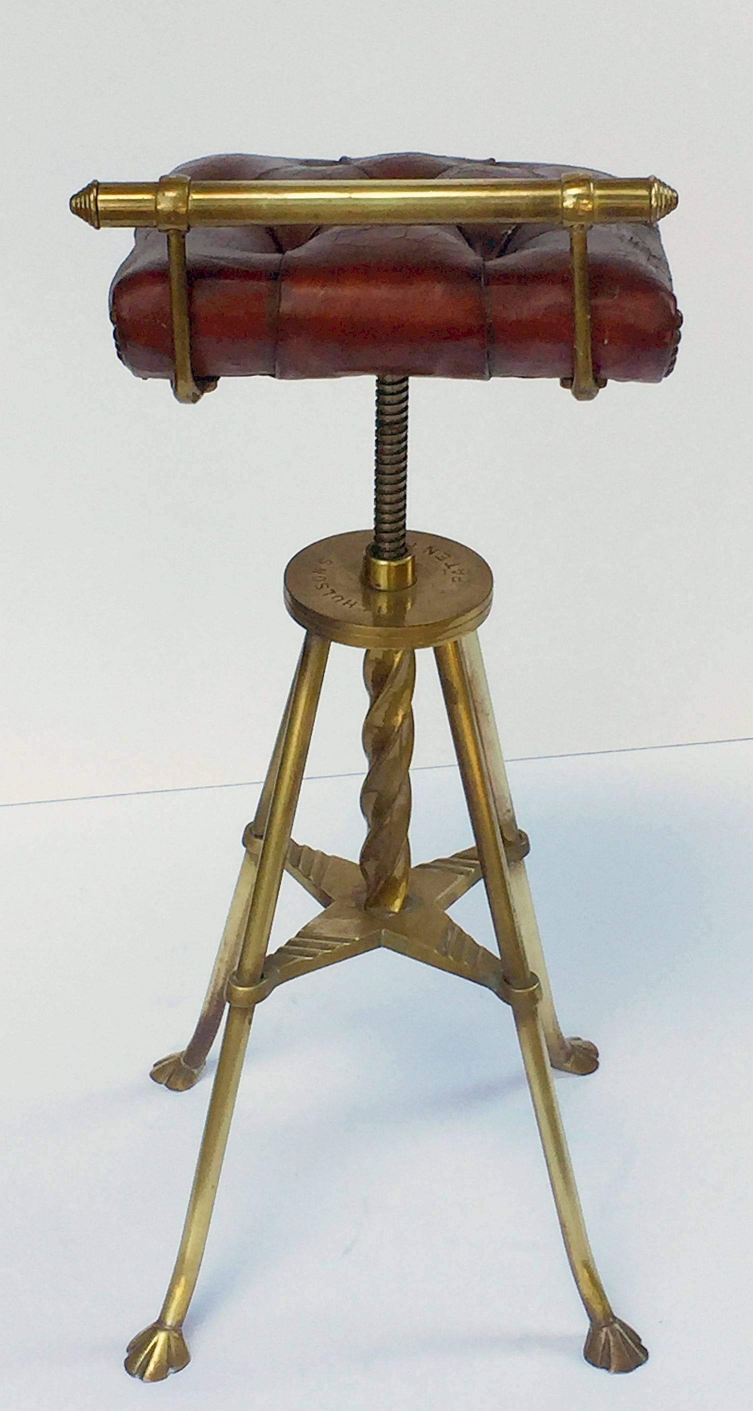 English Harpist's Stool of Brass with Original Button Leather Seat 3