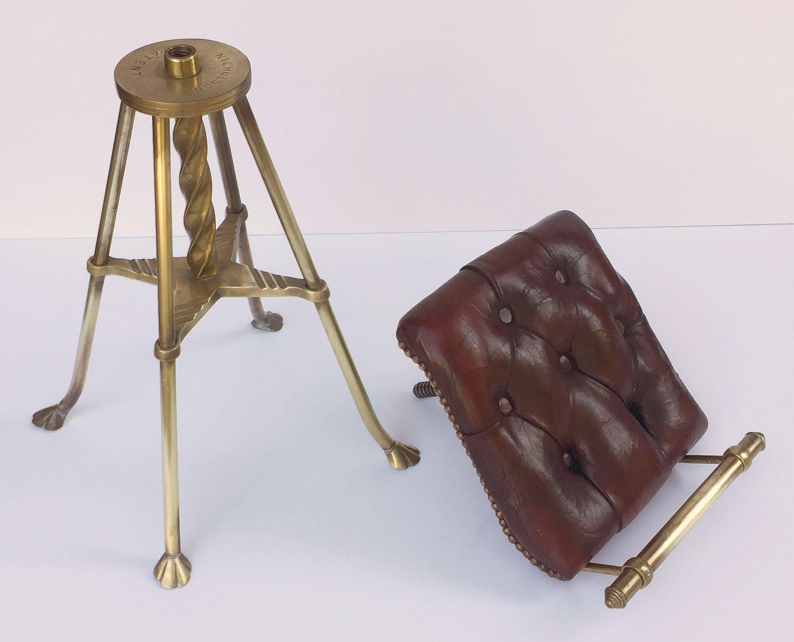 English Harpist's Stool of Brass with Original Button Leather Seat 4