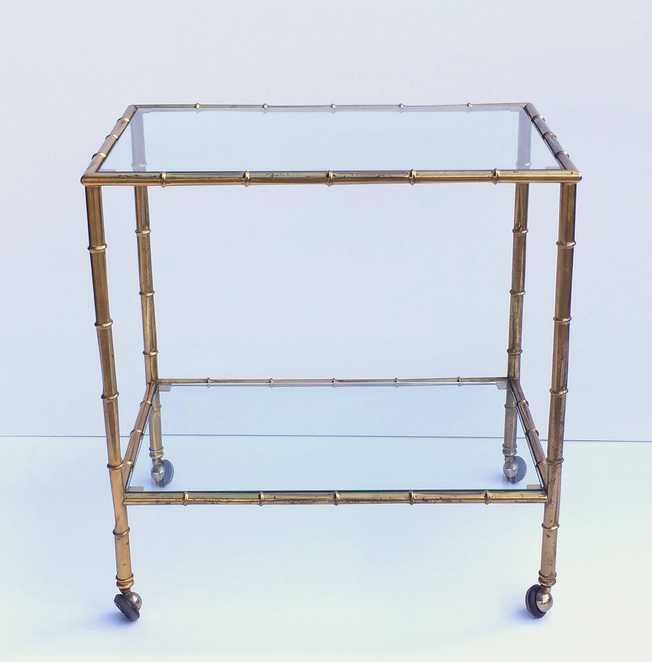 French Drinks Cart or Trolley of Brass and Glass with Bamboo Design In Excellent Condition In Austin, TX