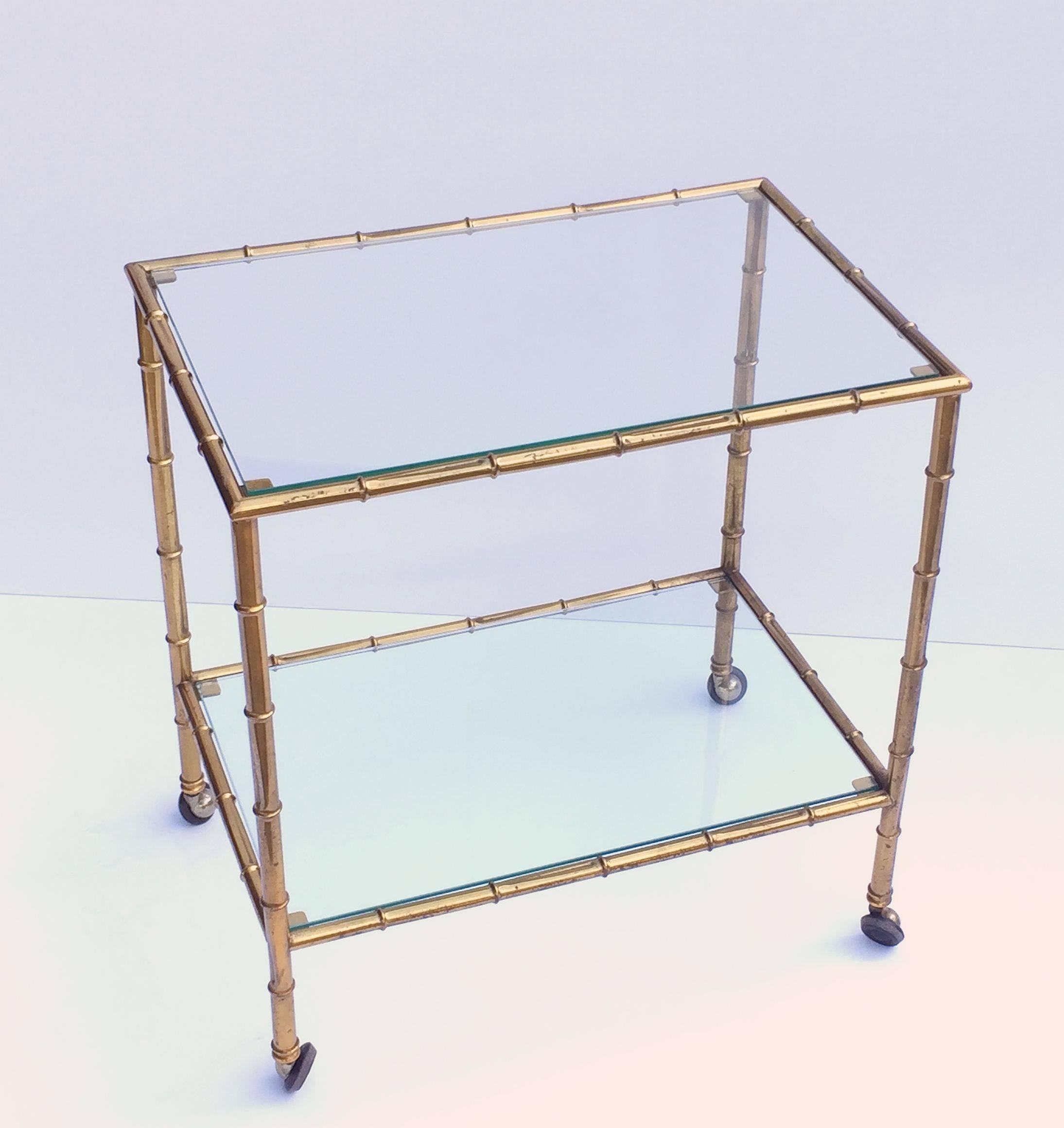 Metal French Drinks Cart or Trolley of Brass and Glass with Bamboo Design