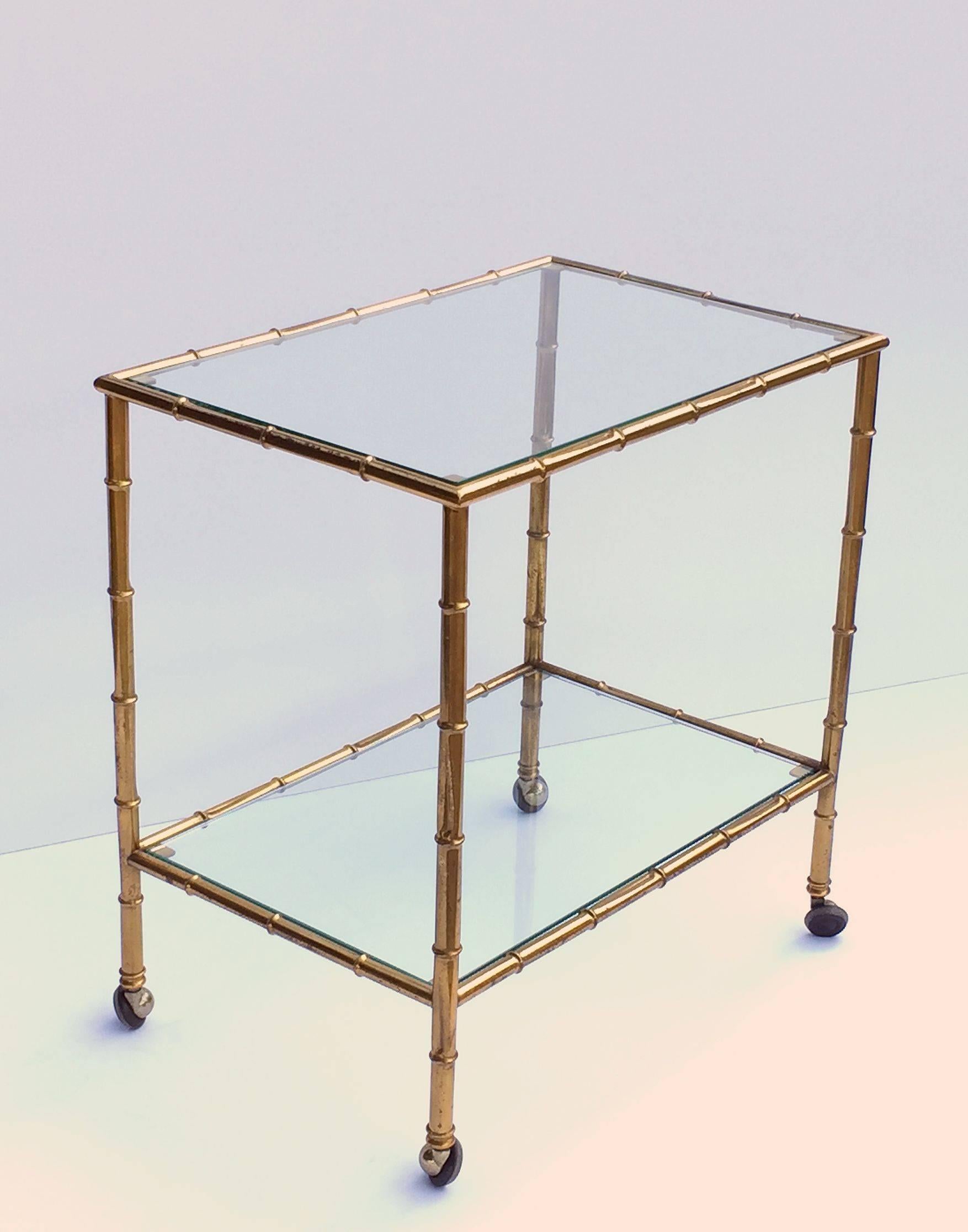20th Century French Drinks Cart or Trolley of Brass and Glass with Bamboo Design