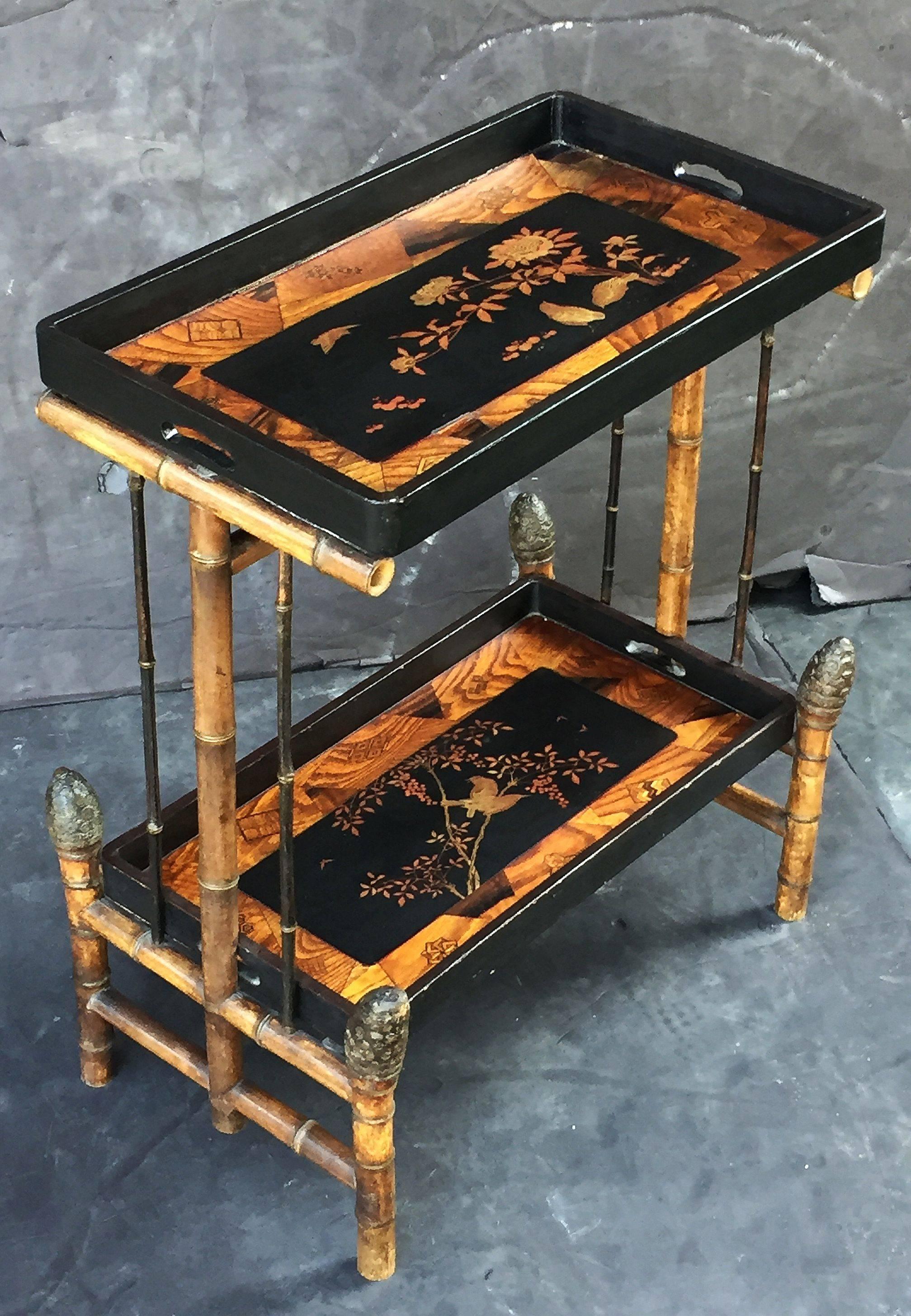 Aesthetic Movement English Bamboo Tray Table with Japan Lacquered Trays