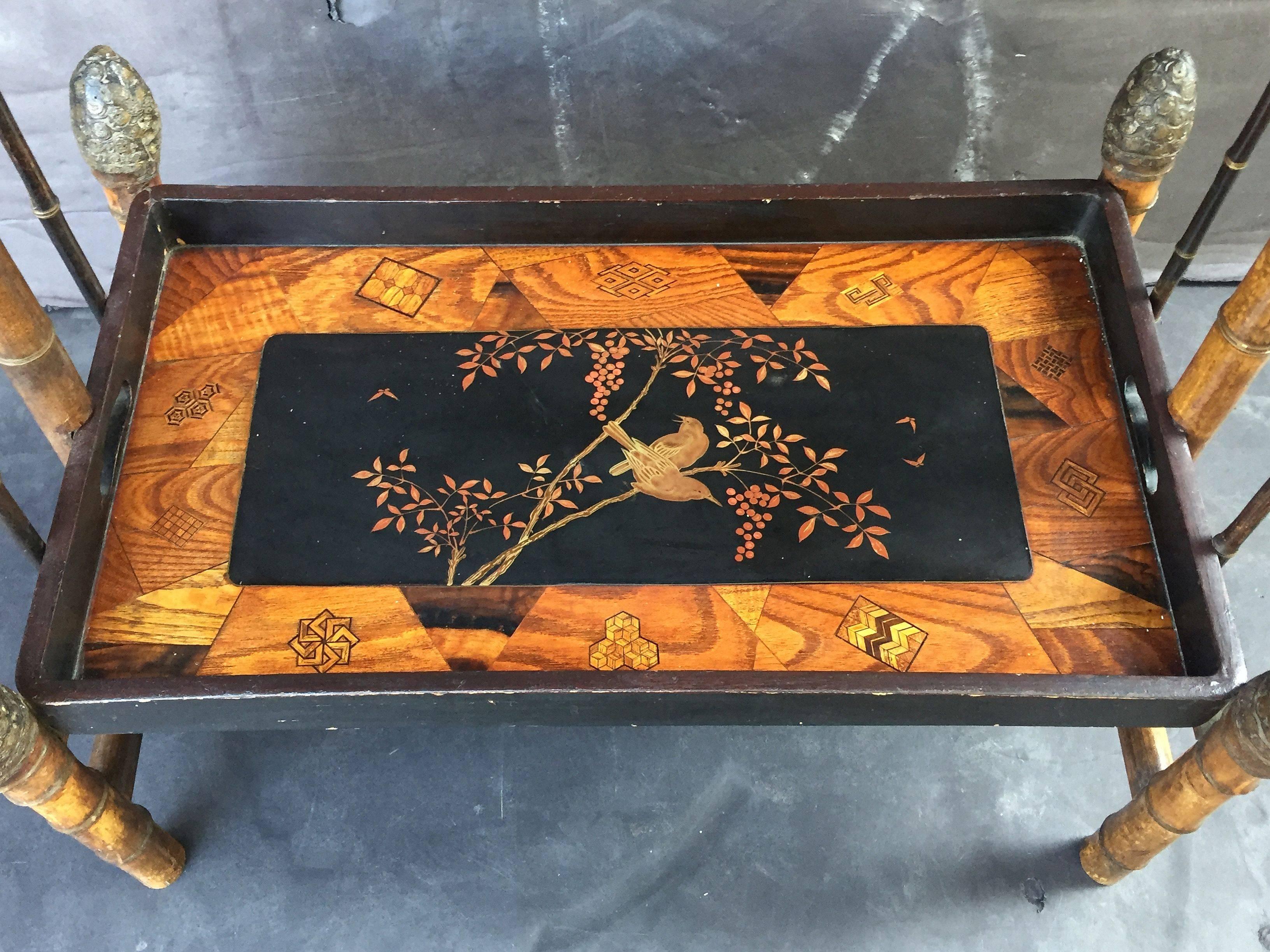 19th Century English Bamboo Tray Table with Japan Lacquered Trays