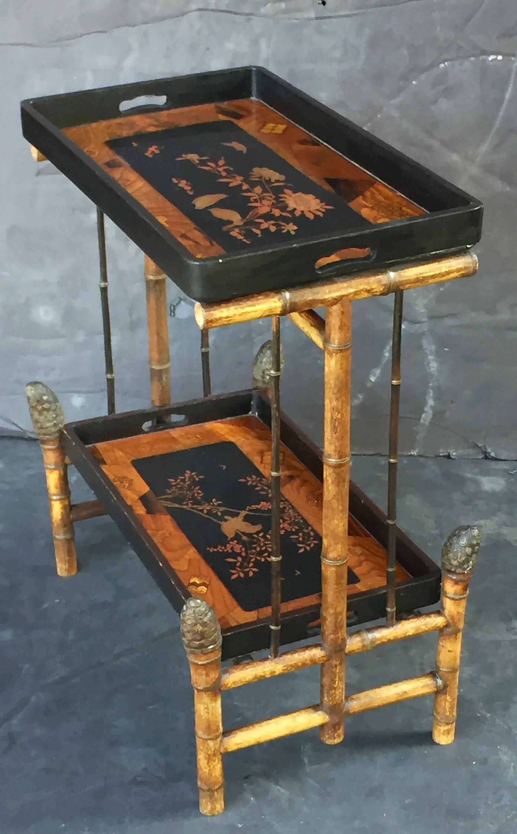 Inlay English Bamboo Tray Table with Japan Lacquered Trays